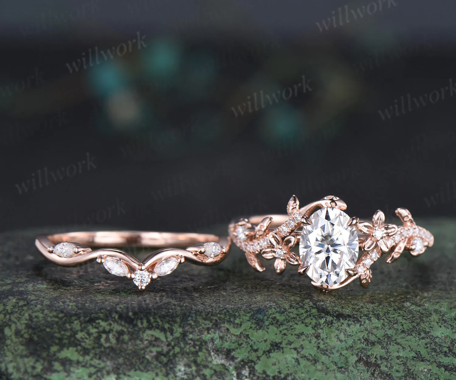 Oval cut moissanite engagement ring set vintage floral diamond ring women 14k rose gold branch leaf bridal ring set sold by Willwork Jewelry product image thumbnail 2