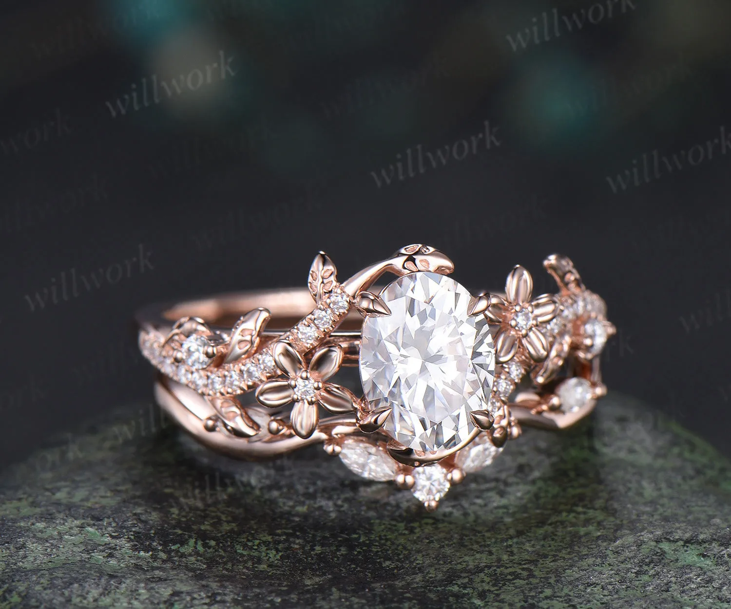 Oval cut moissanite engagement ring set vintage floral diamond ring women 14k rose gold branch leaf bridal ring set sold by Willwork Jewelry product image thumbnail 4