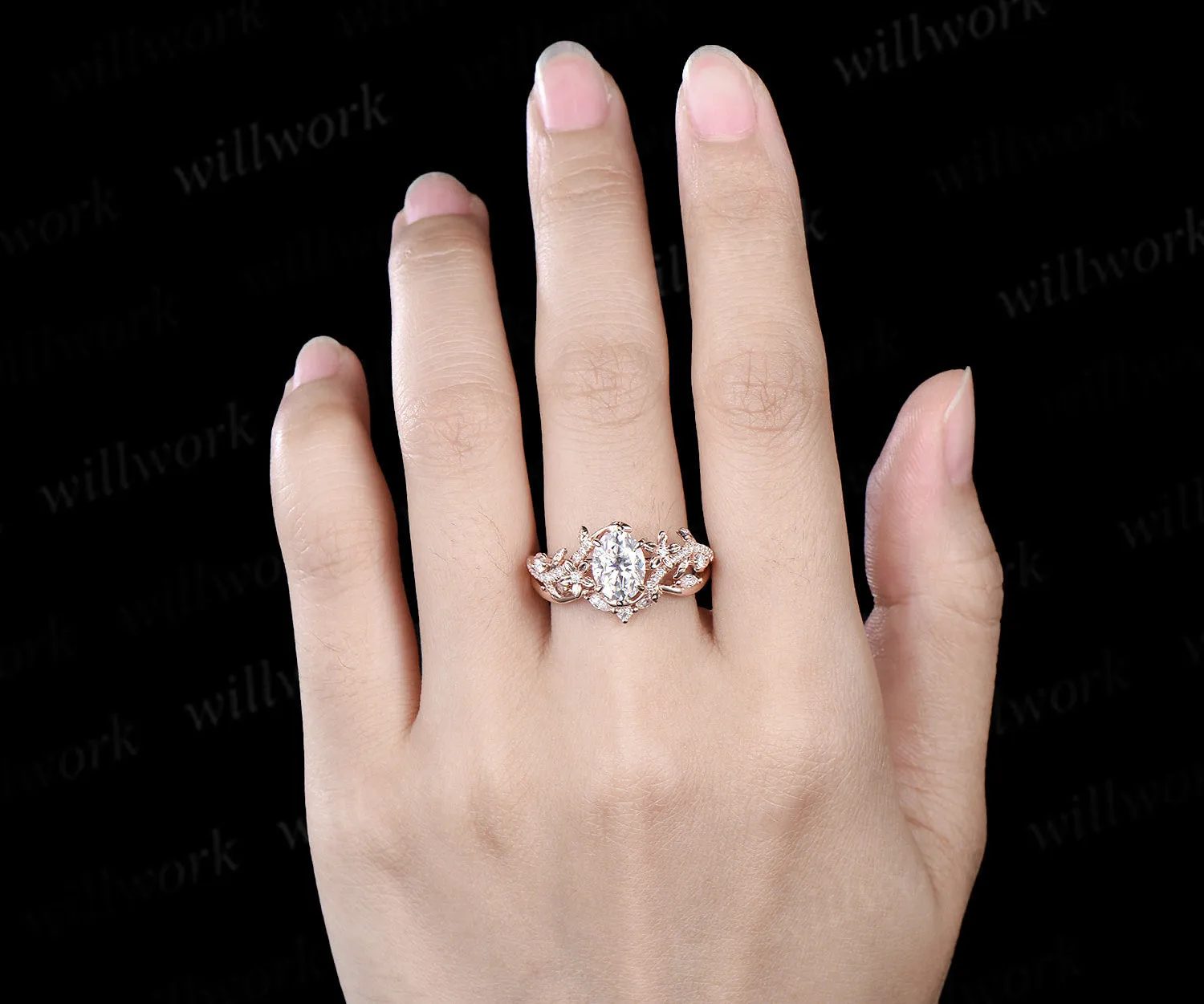 Oval cut moissanite engagement ring set vintage floral diamond ring women 14k rose gold branch leaf bridal ring set sold by Willwork Jewelry product image thumbnail 3