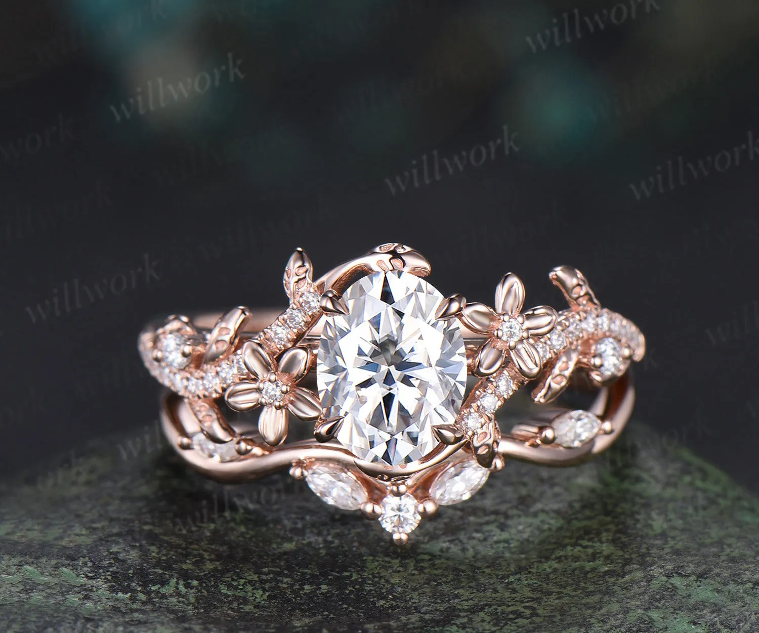 Oval cut moissanite engagement ring set vintage floral diamond ring women 14k rose gold branch leaf bridal ring set sold by Willwork Jewelry