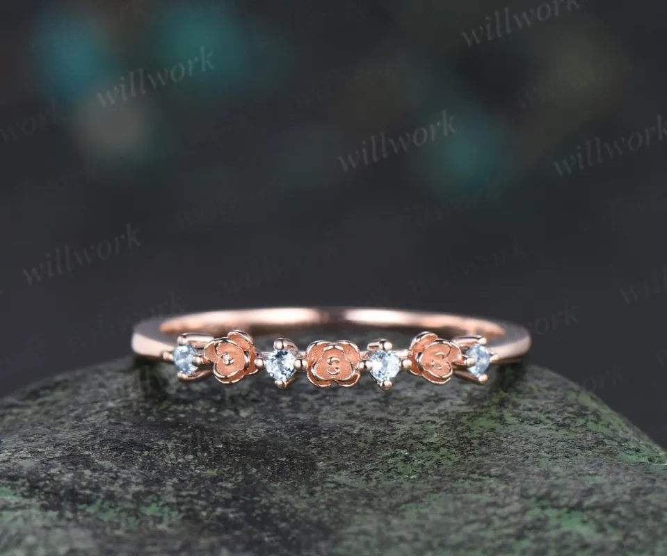 Dainty flower Aquamarine wedding band solid 14k rose gold stacking unique vintage floral ring women handmade anniversary ring gift sold by Willwork Jewelry