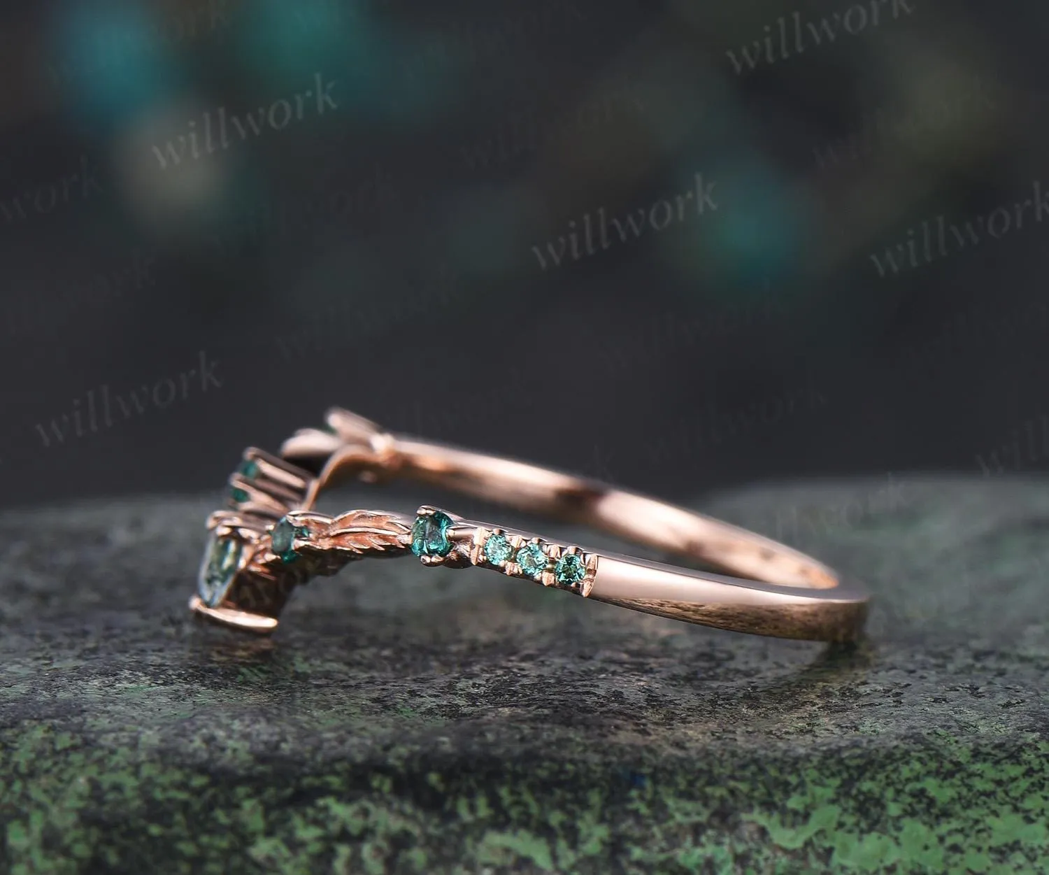 Vintage pear moss agate emerald wedding band solid 14k rose gold art deco leaf nature inspired stacking bridal anniversary ring women gift sold by Willwork Jewelry product image thumbnail 5