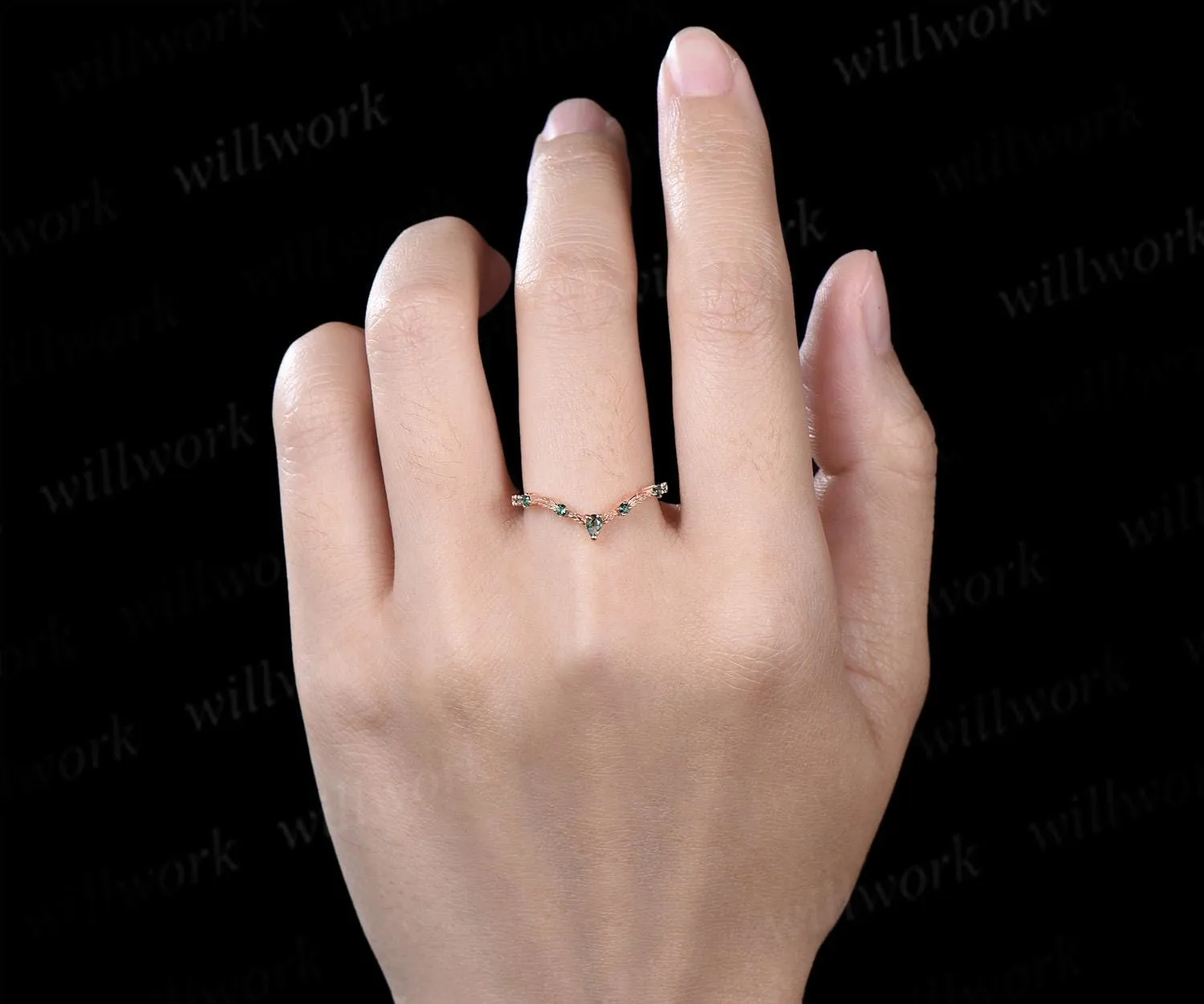 Vintage pear moss agate emerald wedding band solid 14k rose gold art deco leaf nature inspired stacking bridal anniversary ring women gift sold by Willwork Jewelry product image thumbnail 4