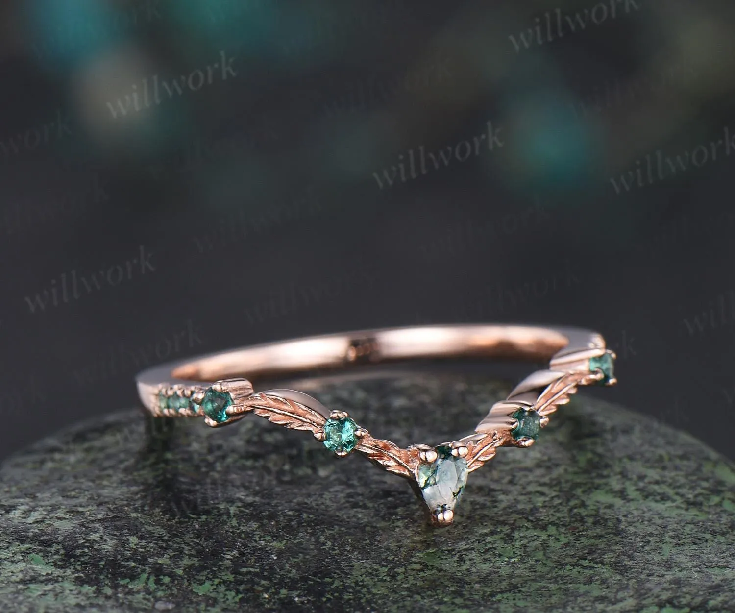 Vintage pear moss agate emerald wedding band solid 14k rose gold art deco leaf nature inspired stacking bridal anniversary ring women gift sold by Willwork Jewelry product image thumbnail 3