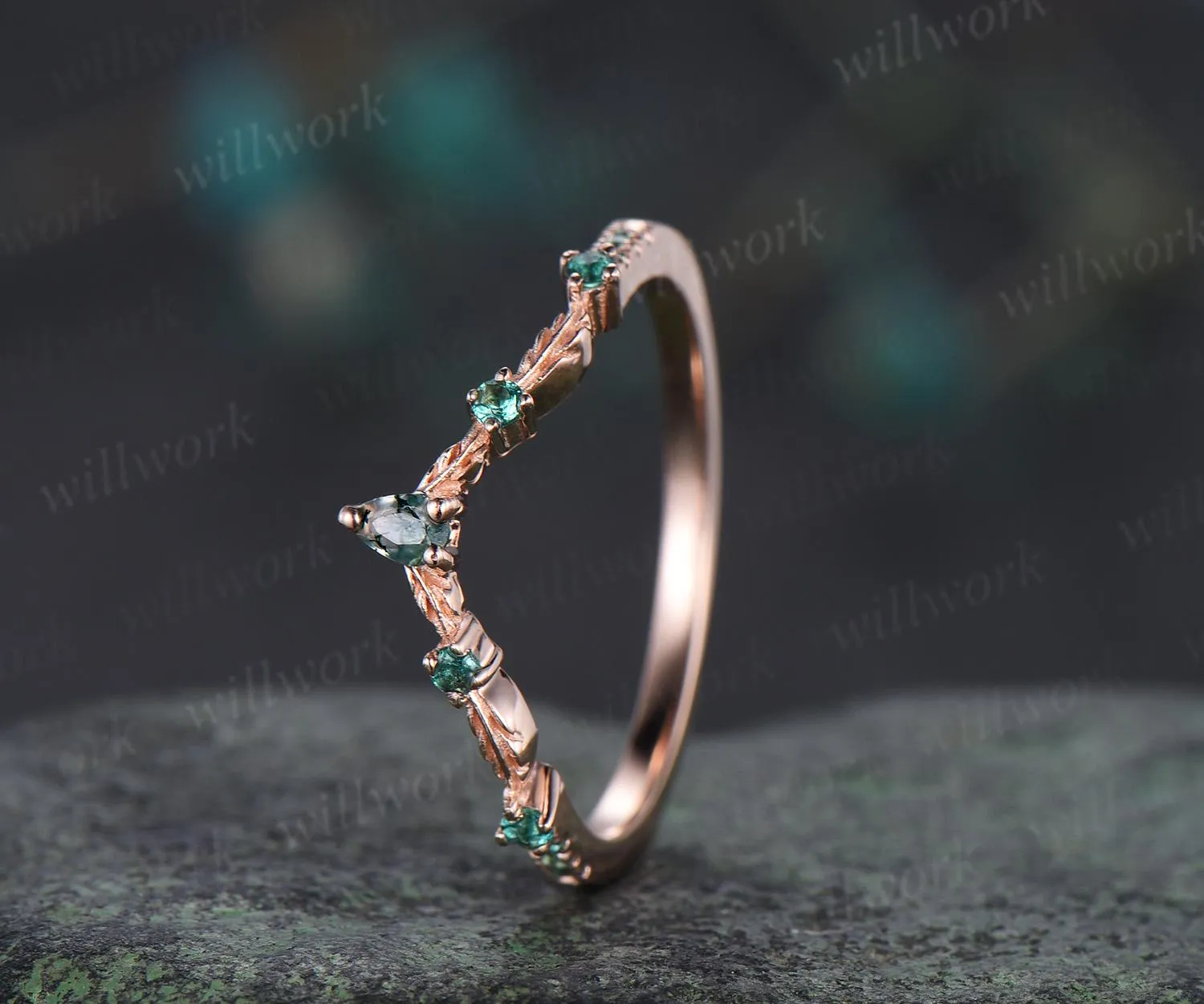 Vintage pear moss agate emerald wedding band solid 14k rose gold art deco leaf nature inspired stacking bridal anniversary ring women gift sold by Willwork Jewelry product image thumbnail 2