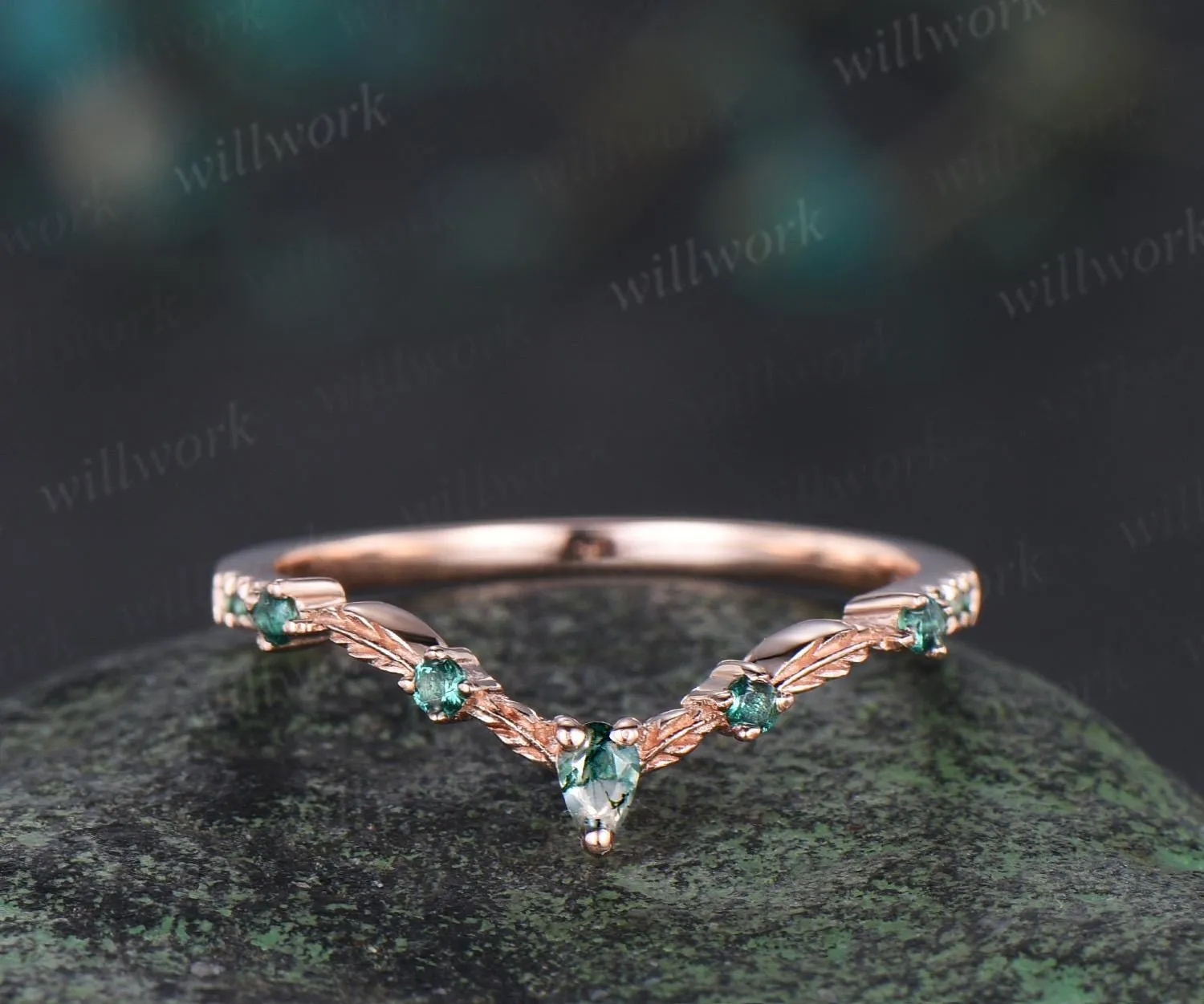 Vintage pear moss agate emerald wedding band solid 14k rose gold art deco leaf nature inspired stacking bridal anniversary ring women gift sold by Willwork Jewelry