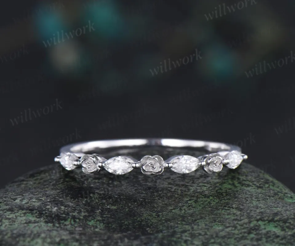 Floral marquise cut moissanite wedding band solid 14k rose gold flower half eternity stacking wedding ring bridal anniversary ring gift made by Willwork Jewelry