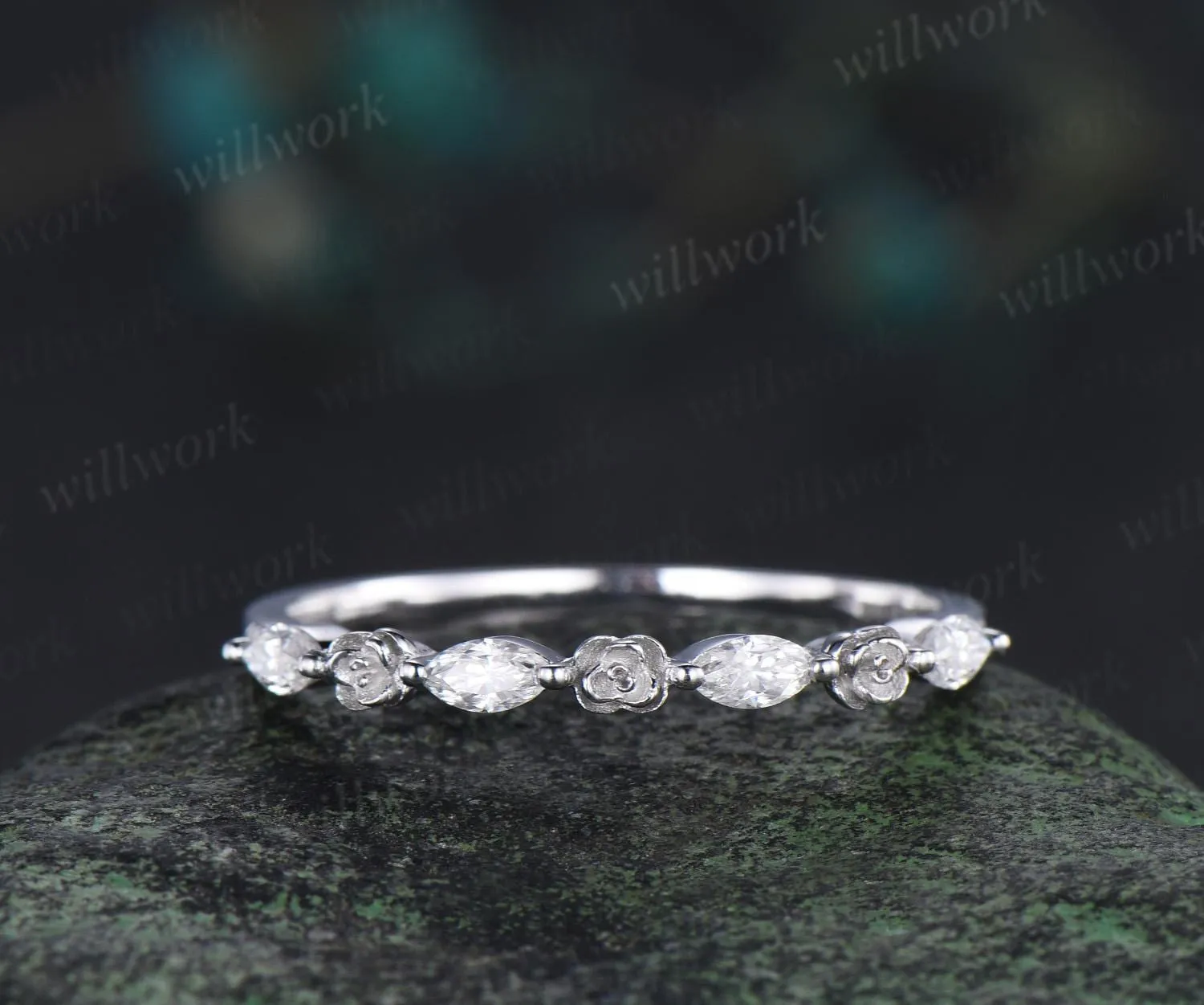Floral marquise cut moissanite wedding band solid 14k rose gold flower half eternity stacking wedding ring bridal anniversary ring gift sold by Willwork Jewelry