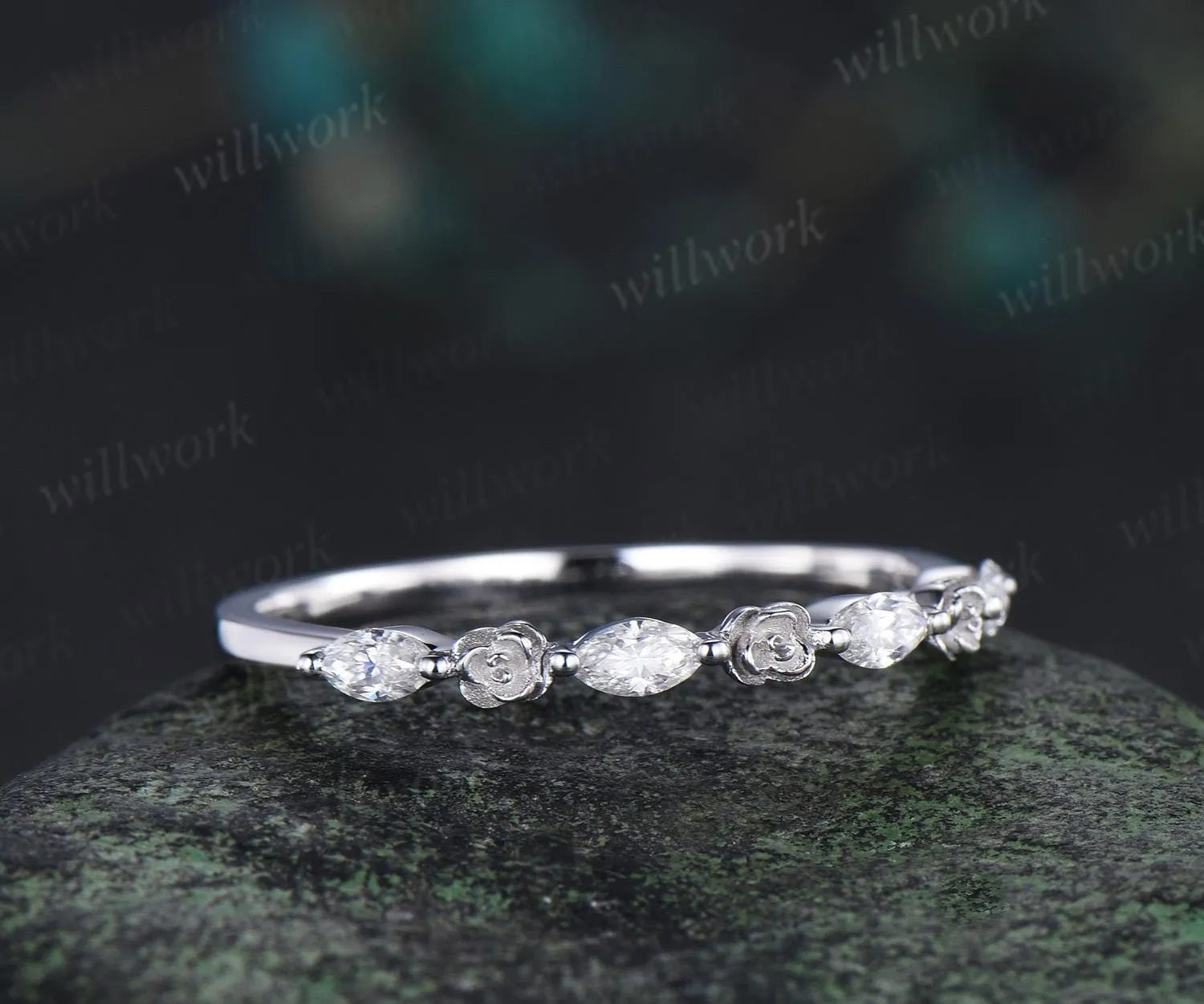 Floral marquise cut moissanite wedding band solid 14k rose gold flower half eternity stacking wedding ring bridal anniversary ring gift sold by Willwork Jewelry product image thumbnail 4