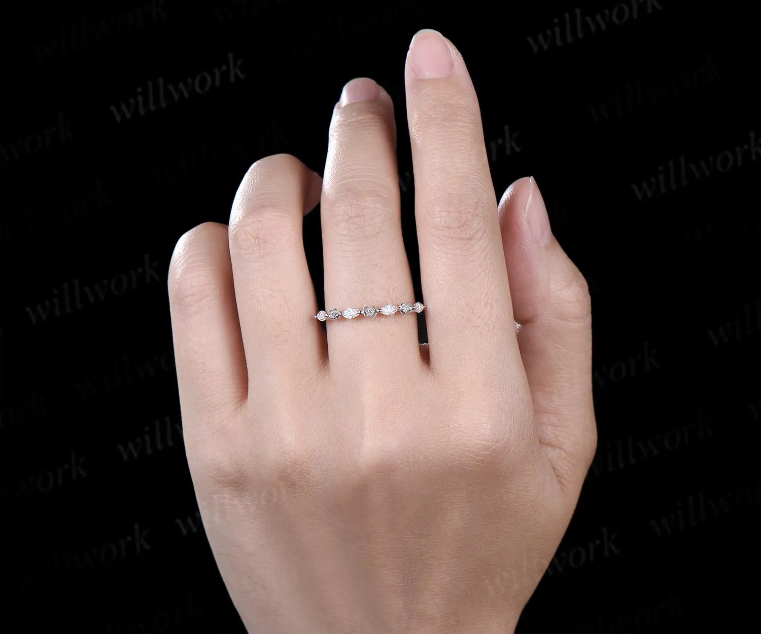 Floral marquise cut moissanite wedding band solid 14k rose gold flower half eternity stacking wedding ring bridal anniversary ring gift sold by Willwork Jewelry product image thumbnail 3