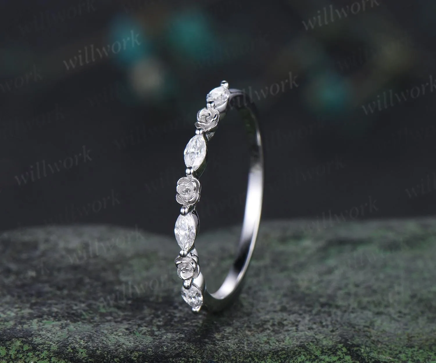 Floral marquise cut moissanite wedding band solid 14k rose gold flower half eternity stacking wedding ring bridal anniversary ring gift sold by Willwork Jewelry product image thumbnail 2