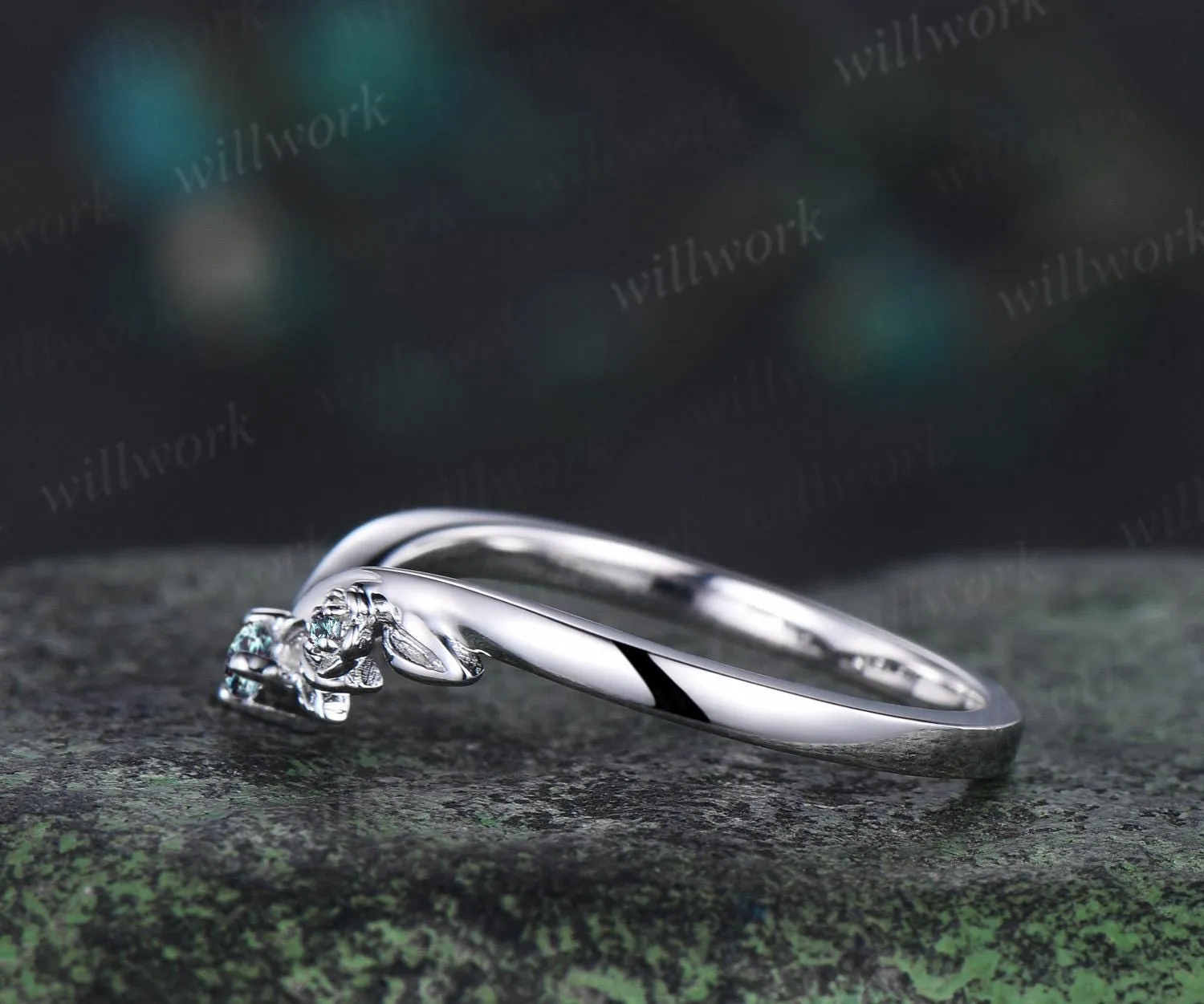 Leaf floral Alexandrite curved wedding band solid 14k white gold nature inspired three stone stacking bridal anniversary ring women gift sold by Willwork Jewelry product image thumbnail 5