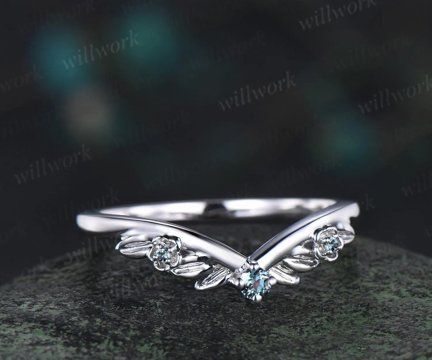 Leaf floral Alexandrite curved wedding band solid 14k white gold nature inspired three stone stacking bridal anniversary ring women gift sold by Willwork Jewelry product image thumbnail 4