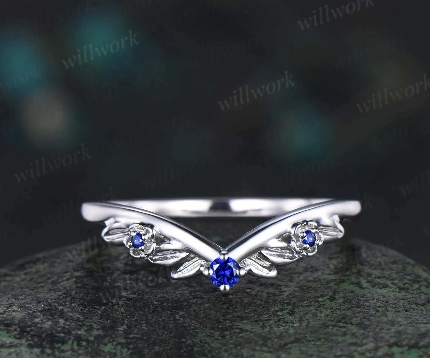 Leaf floral blue sapphire curved wedding band solid 14k white gold nature inspired three stone stacking bridal anniversary ring women gift sold by Willwork Jewelry product image thumbnail 2