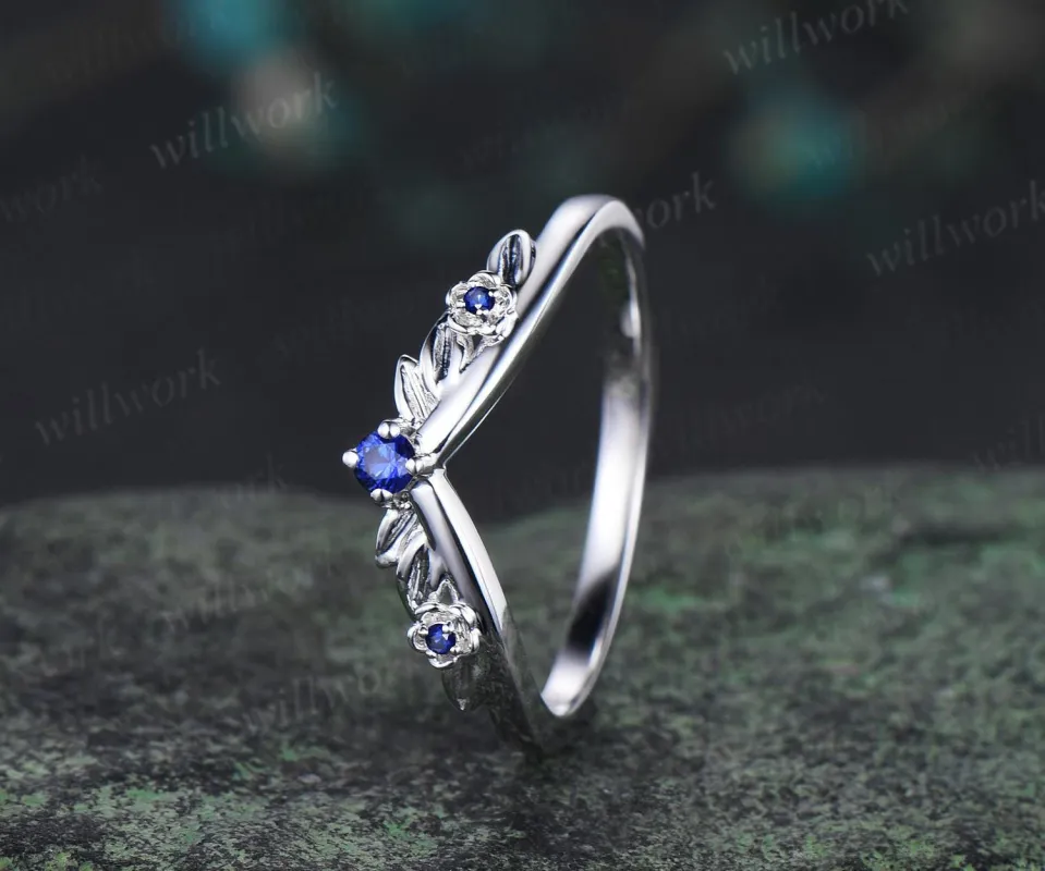 Leaf floral blue sapphire curved wedding band solid 14k white gold nature inspired three stone stacking bridal anniversary ring women gift sold by Willwork Jewelry