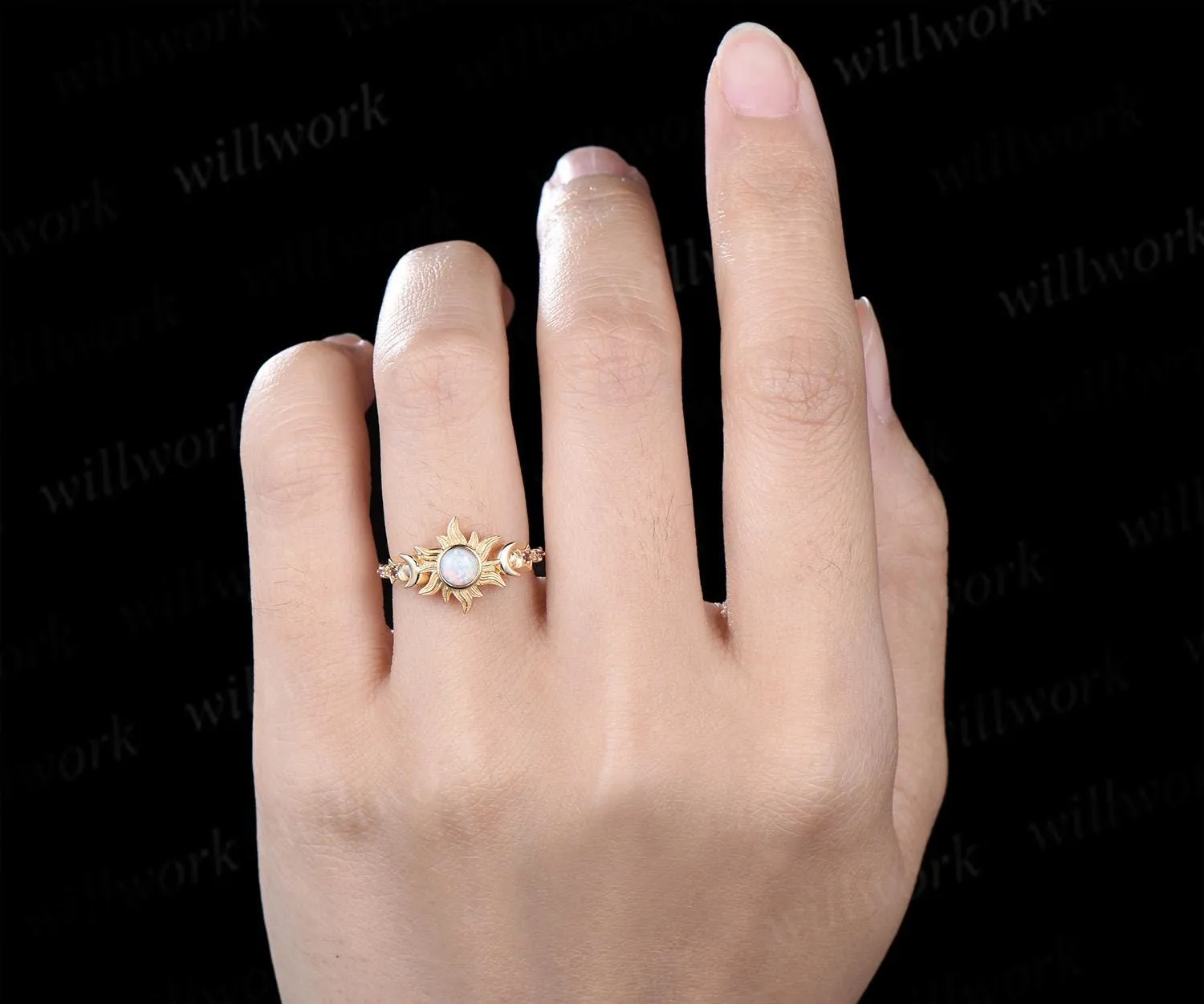 5mm round bezel opal ring vintage sun moon star five stone engagement ring solid 14k yellow gold amethyst wedding ring women gift sold by Willwork Jewelry product image thumbnail 3