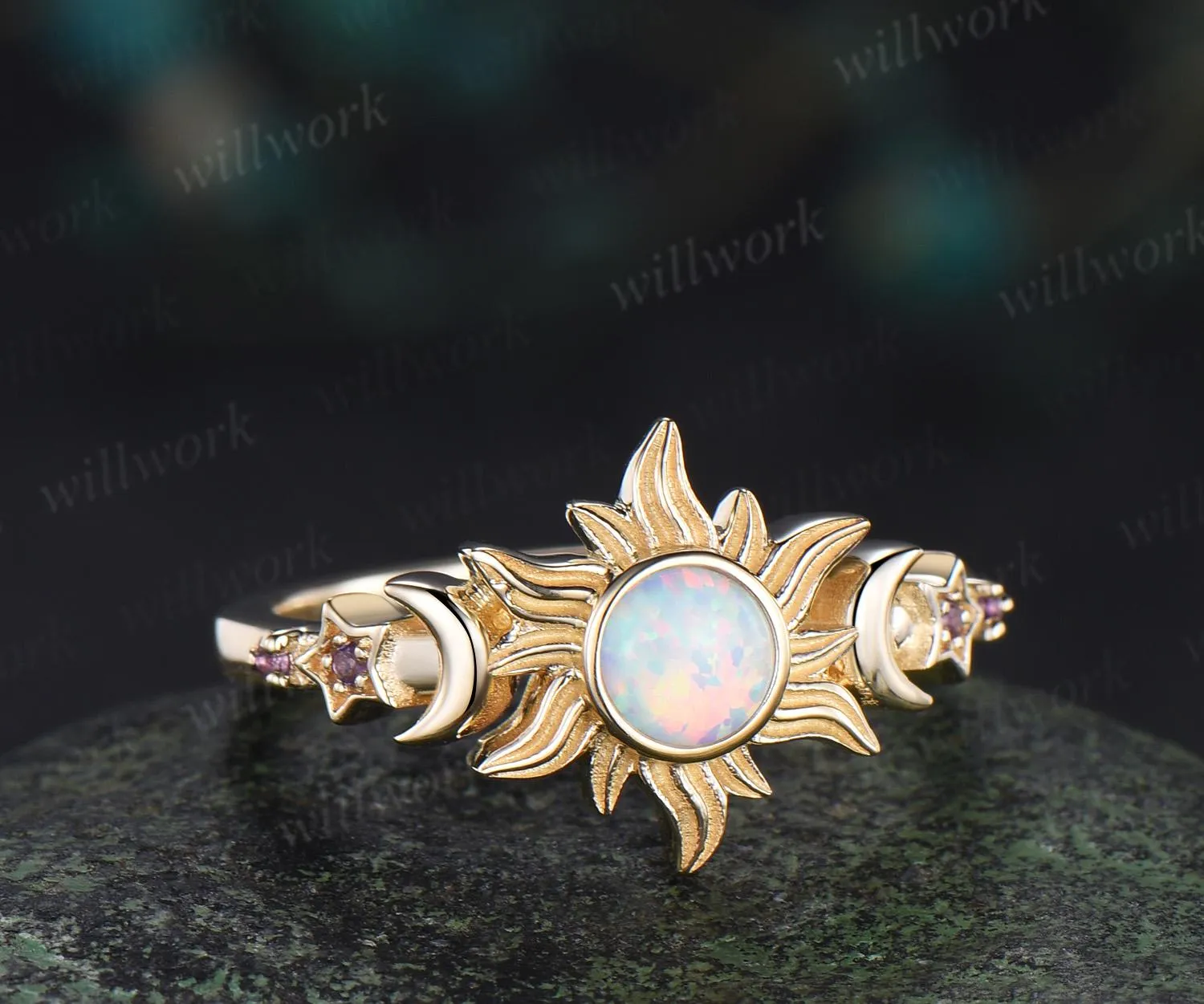 5mm round bezel opal ring vintage sun moon star five stone engagement ring solid 14k yellow gold amethyst wedding ring women gift sold by Willwork Jewelry product image thumbnail 2
