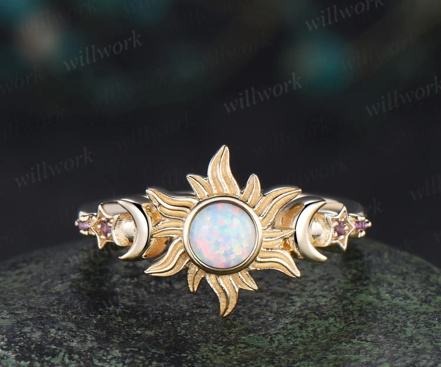5mm round bezel opal ring vintage sun moon star five stone engagement ring solid 14k yellow gold amethyst wedding ring women gift sold by Willwork Jewelry