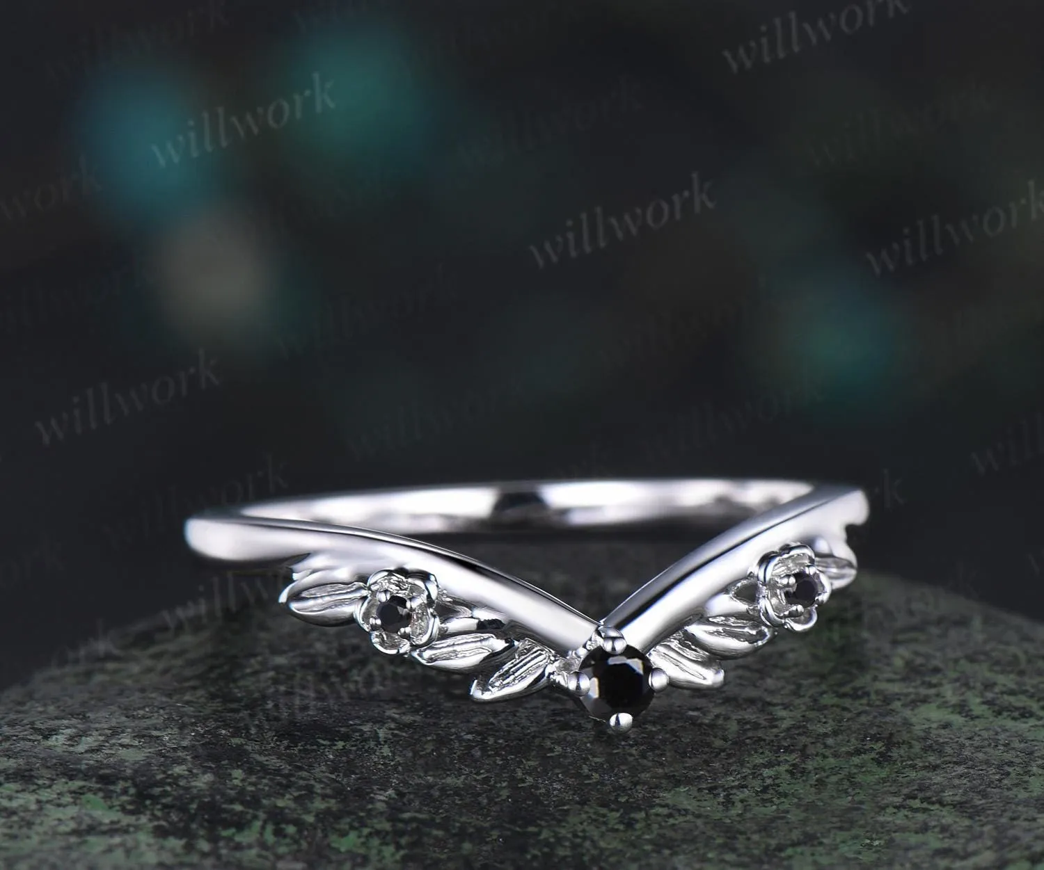 Leaf floral Black diamond curved wedding band solid 14k white gold nature inspired three stone stacking bridal anniversary ring women gift sold by Willwork Jewelry product image thumbnail 2