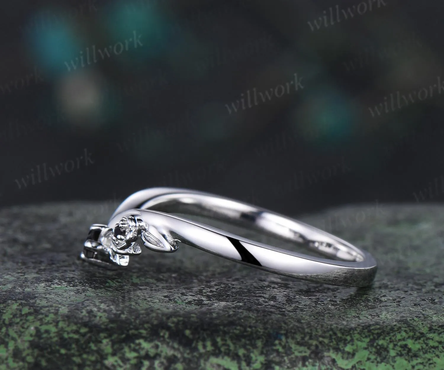 Leaf floral Black diamond curved wedding band solid 14k white gold nature inspired three stone stacking bridal anniversary ring women gift sold by Willwork Jewelry product image thumbnail 5