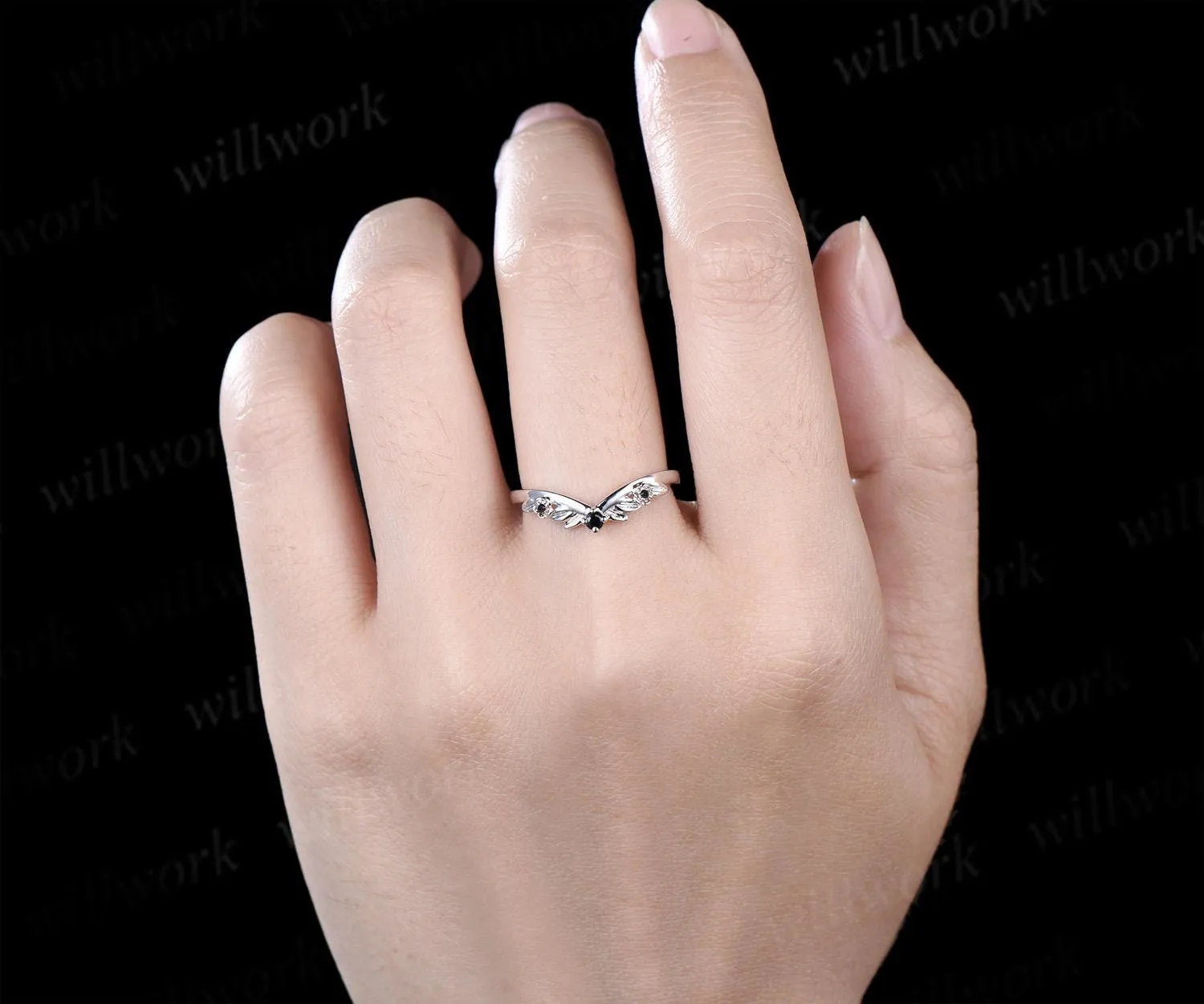 Leaf floral Black diamond curved wedding band solid 14k white gold nature inspired three stone stacking bridal anniversary ring women gift sold by Willwork Jewelry product image thumbnail 4