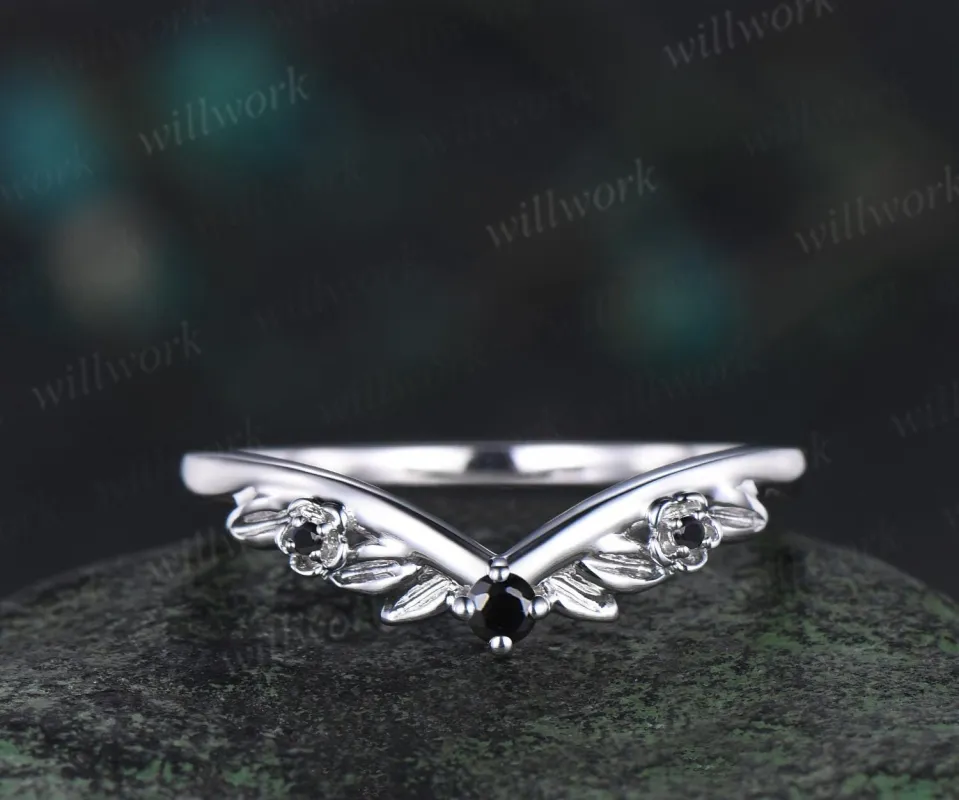 Leaf floral Black diamond curved wedding band solid 14k white gold nature inspired three stone stacking bridal anniversary ring women gift sold by Willwork Jewelry