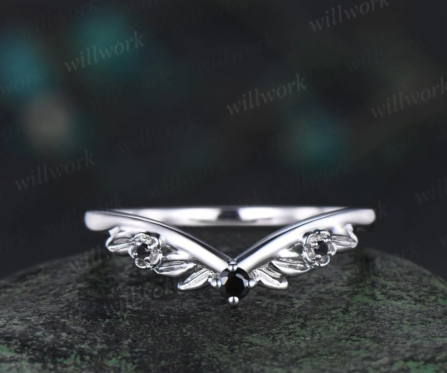 Leaf floral Black diamond curved wedding band solid 14k white gold nature inspired three stone stacking bridal anniversary ring women gift sold by Willwork Jewelry