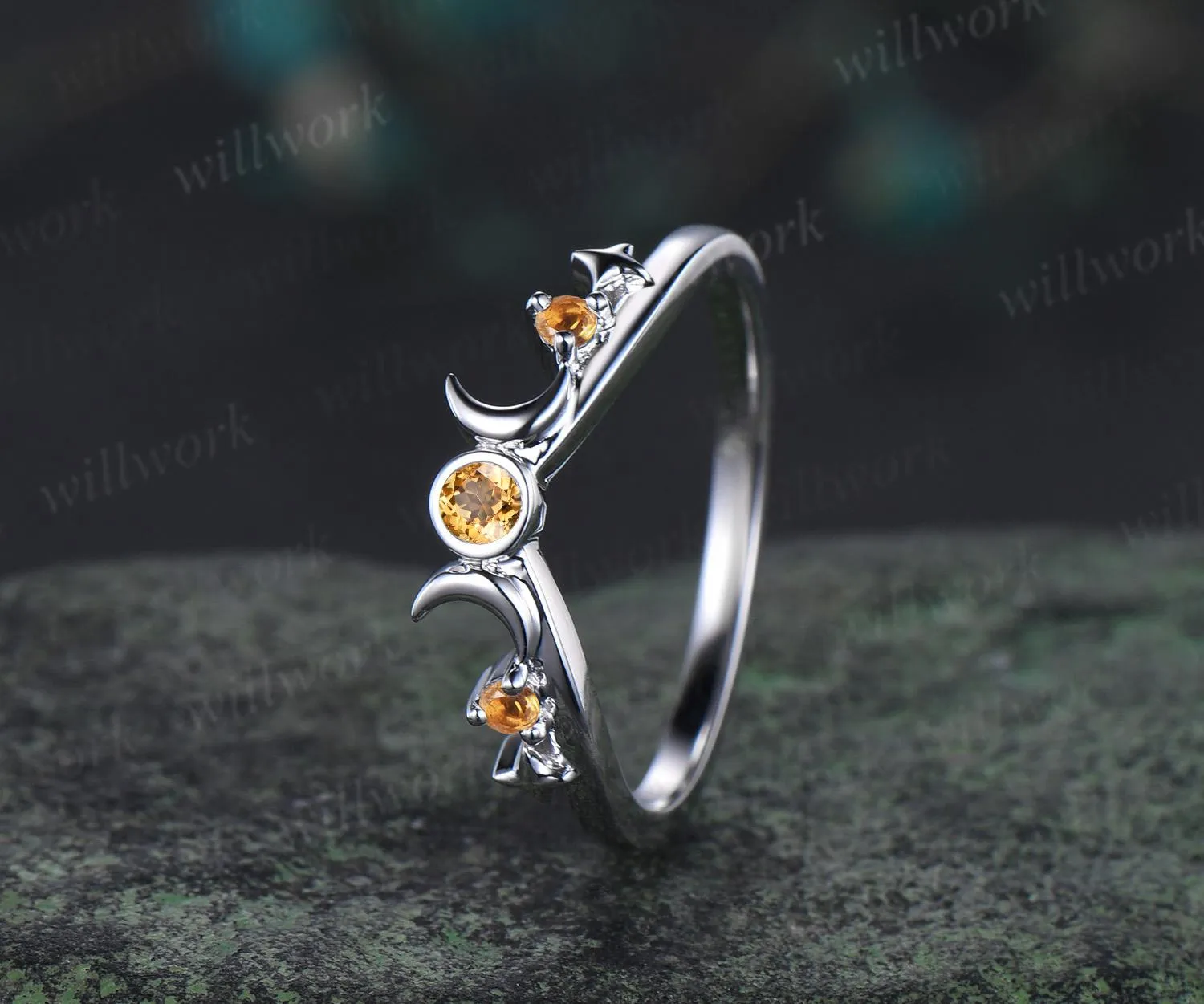 Moon star bezel yellow citrine curved wedding band solid 14k white gold sun three stone stacking crystal bridal anniversary ring women gift sold by Willwork Jewelry product image thumbnail 2