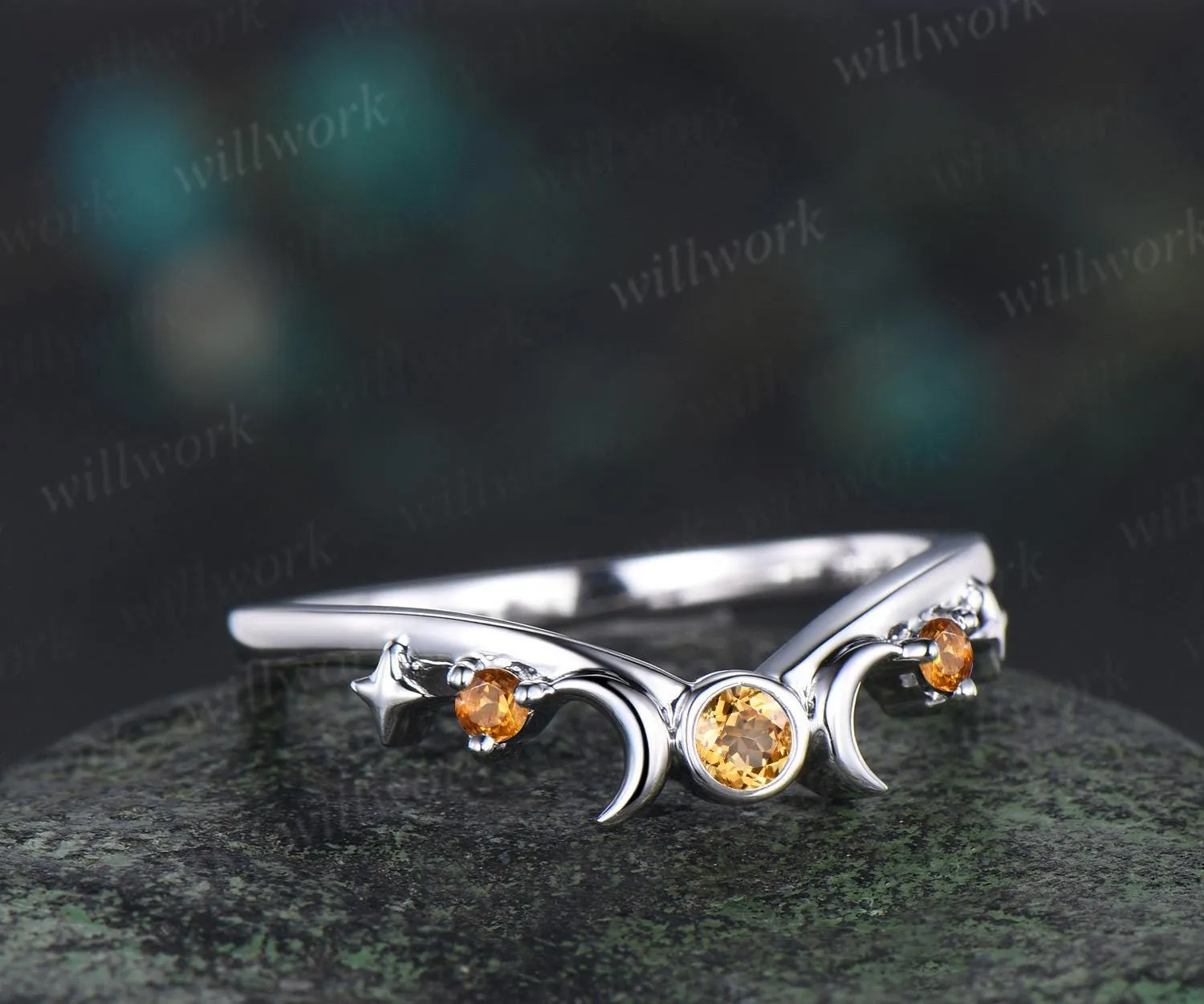 Moon star bezel yellow citrine curved wedding band solid 14k white gold sun three stone stacking crystal bridal anniversary ring women gift sold by Willwork Jewelry product image thumbnail 5