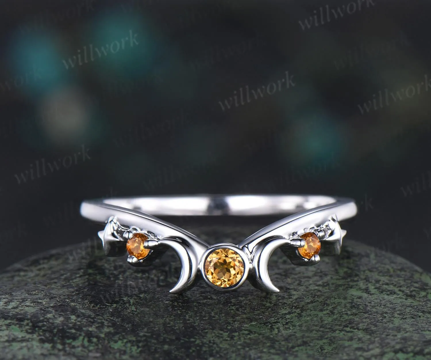 Moon star bezel yellow citrine curved wedding band solid 14k white gold sun three stone stacking crystal bridal anniversary ring women gift sold by Willwork Jewelry