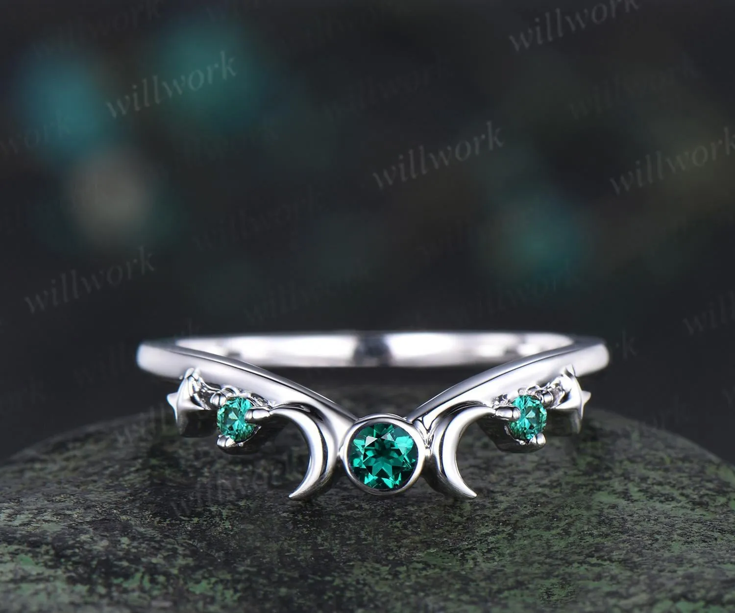 Moon star bezel emerald curved wedding band solid 14k white gold sun three stone stacking bridal anniversary ring women gift sold by Willwork Jewelry