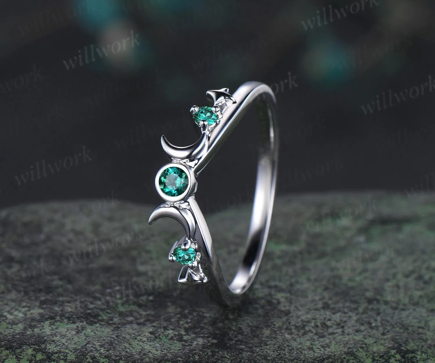 Moon star bezel emerald curved wedding band solid 14k white gold sun three stone stacking bridal anniversary ring women gift sold by Willwork Jewelry product image thumbnail 3