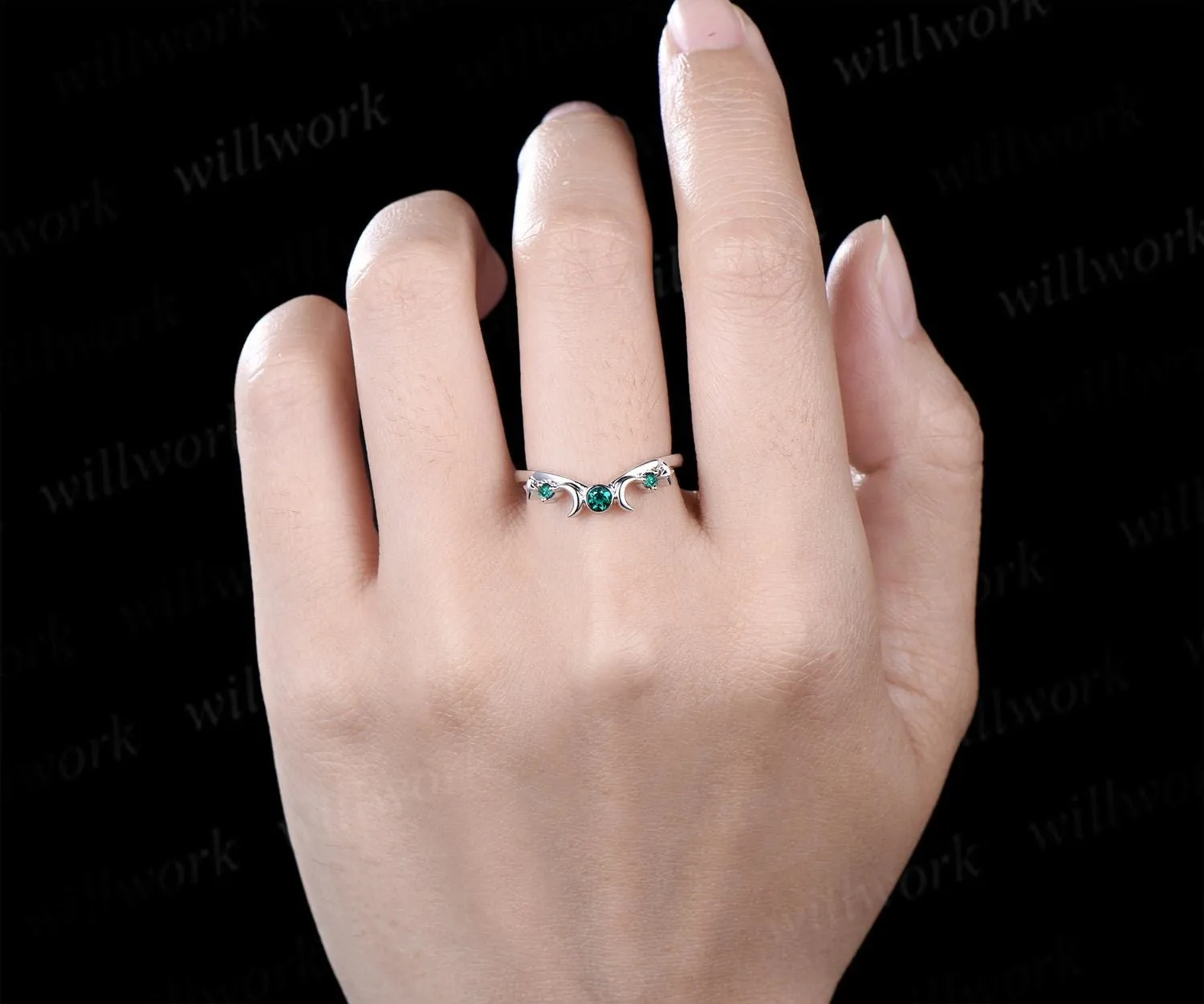 Moon star bezel emerald curved wedding band solid 14k white gold sun three stone stacking bridal anniversary ring women gift sold by Willwork Jewelry product image thumbnail 2