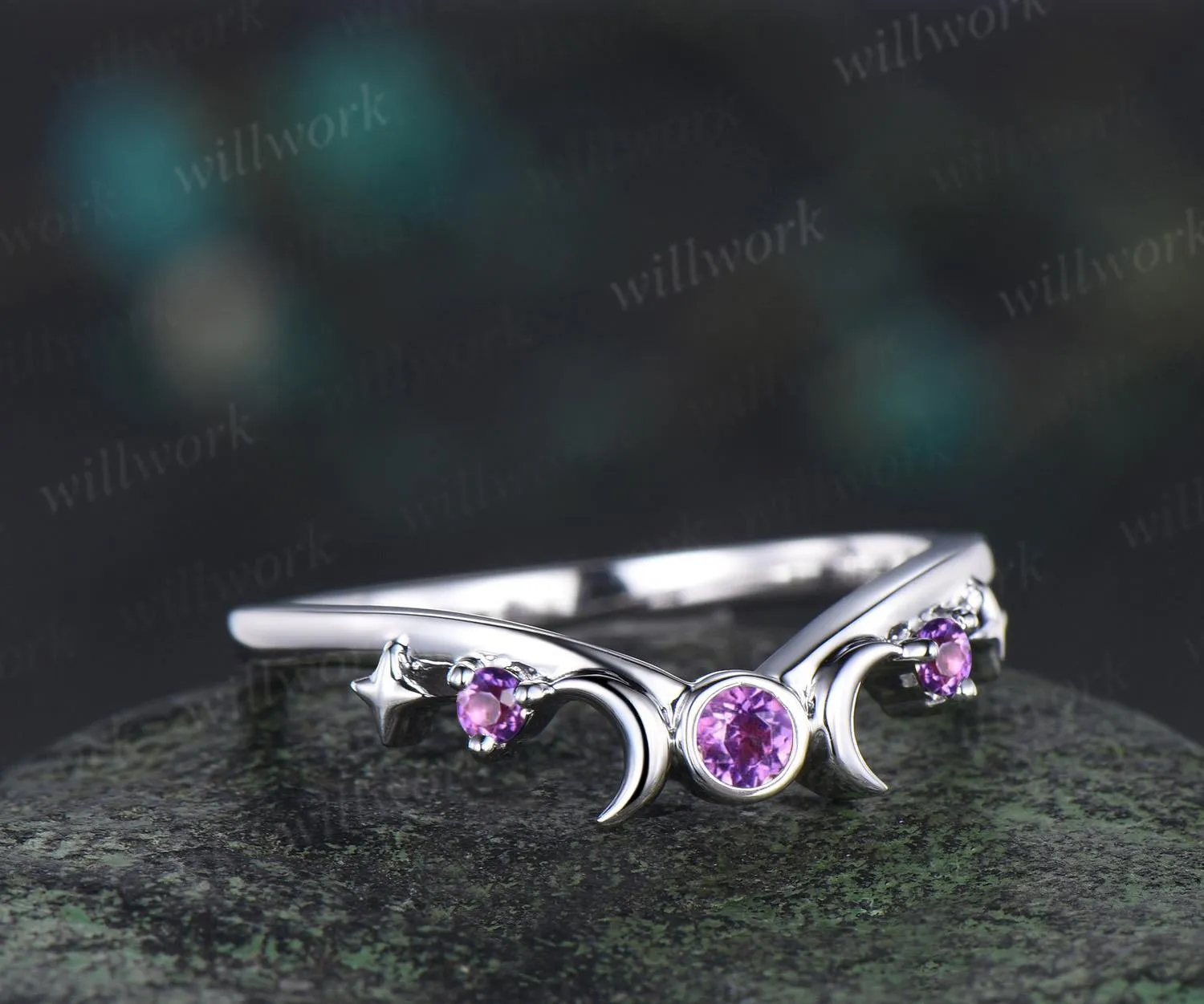 Moon star bezel amethyst curved wedding band solid 14k white gold sun three stone stacking dainty bridal anniversary ring women gift sold by Willwork Jewelry product image thumbnail 3