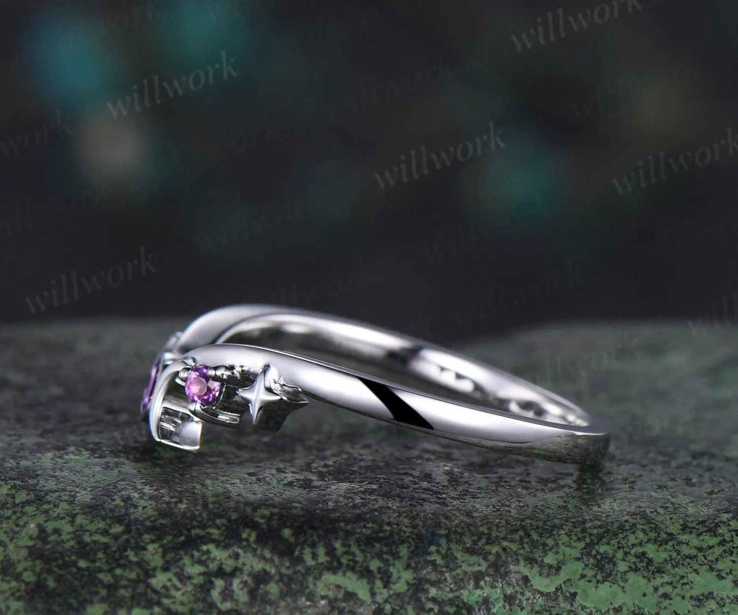 Moon star bezel amethyst curved wedding band solid 14k white gold sun three stone stacking dainty bridal anniversary ring women gift sold by Willwork Jewelry product image thumbnail 5