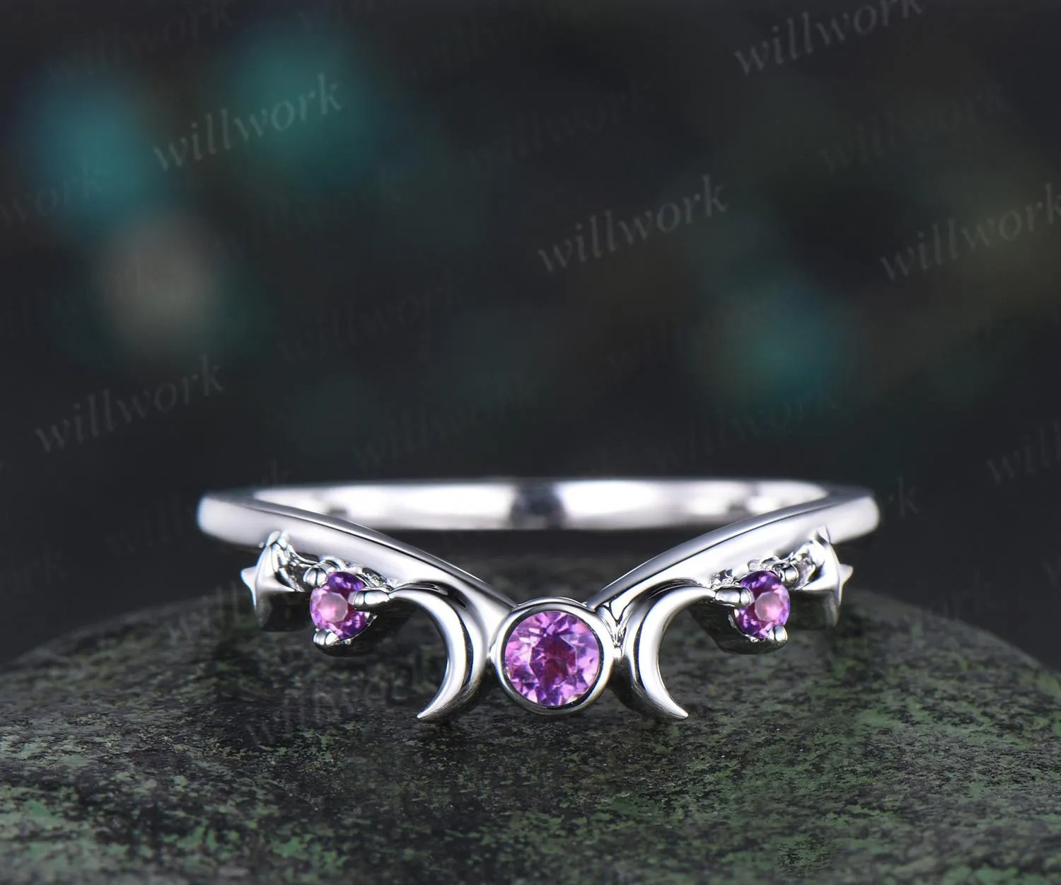 Moon star bezel amethyst curved wedding band solid 14k white gold sun three stone stacking dainty bridal anniversary ring women gift sold by Willwork Jewelry product image thumbnail 2