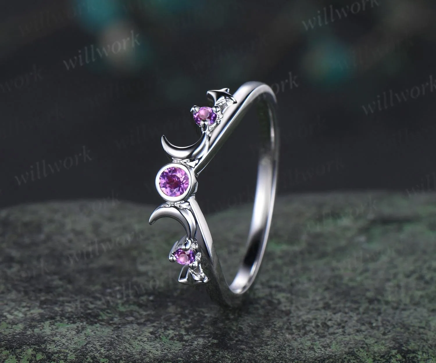 Moon star bezel amethyst curved wedding band solid 14k white gold sun three stone stacking dainty bridal anniversary ring women gift sold by Willwork Jewelry