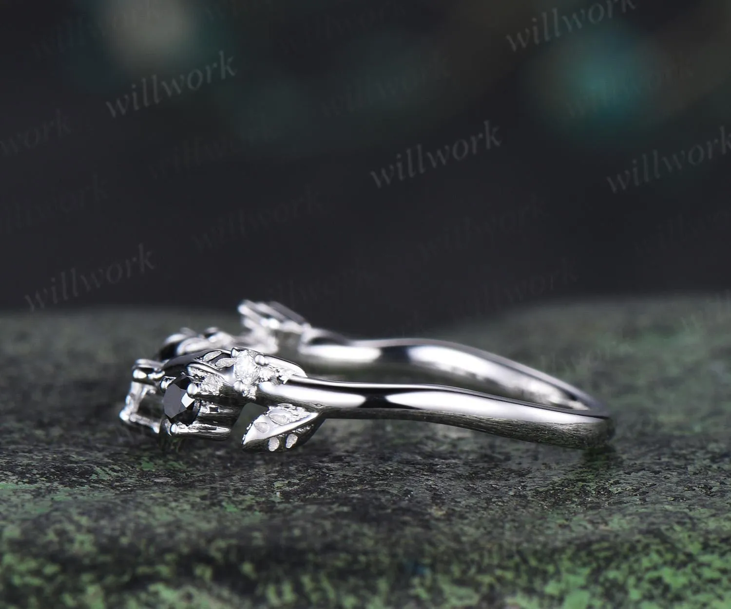 Leaf moissanite wedding band women solid 14k white gold five stone black spinel wedding ring band vintage stacking bridal ring gift sold by Willwork Jewelry product image thumbnail 5