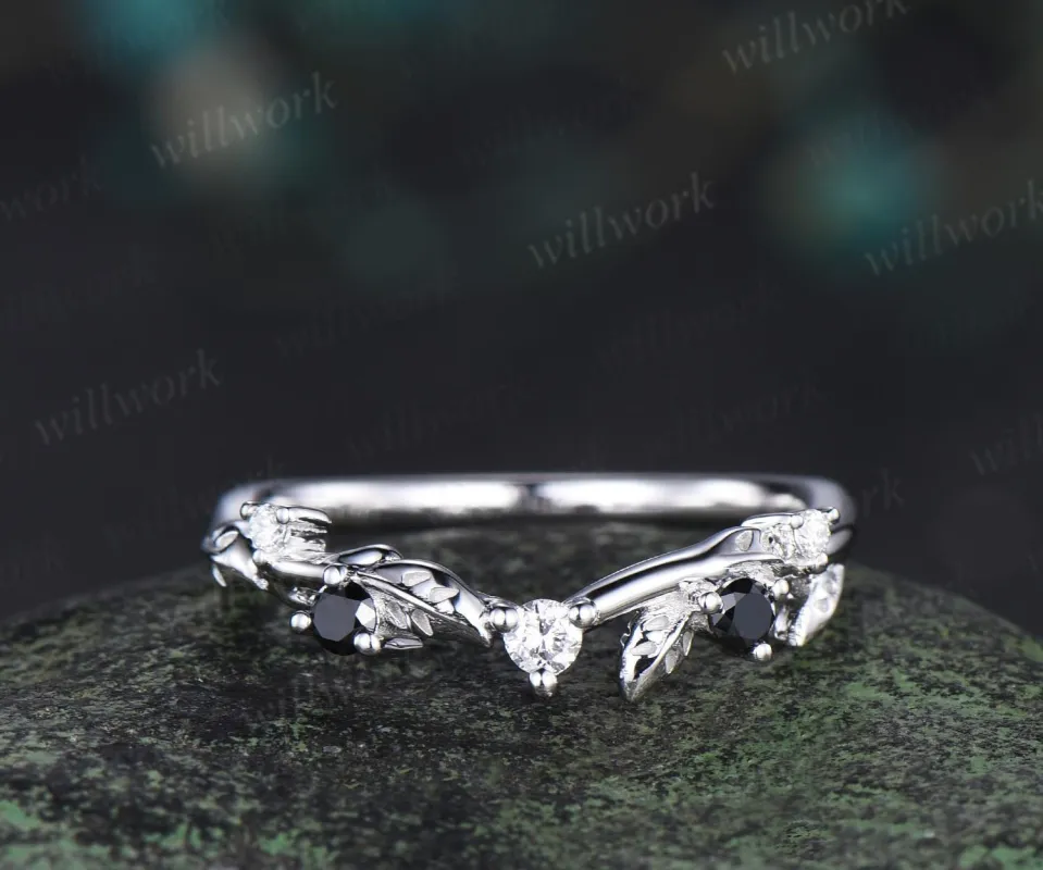 Leaf moissanite wedding band women solid 14k white gold five stone black spinel wedding ring band vintage stacking bridal ring gift sold by Willwork Jewelry