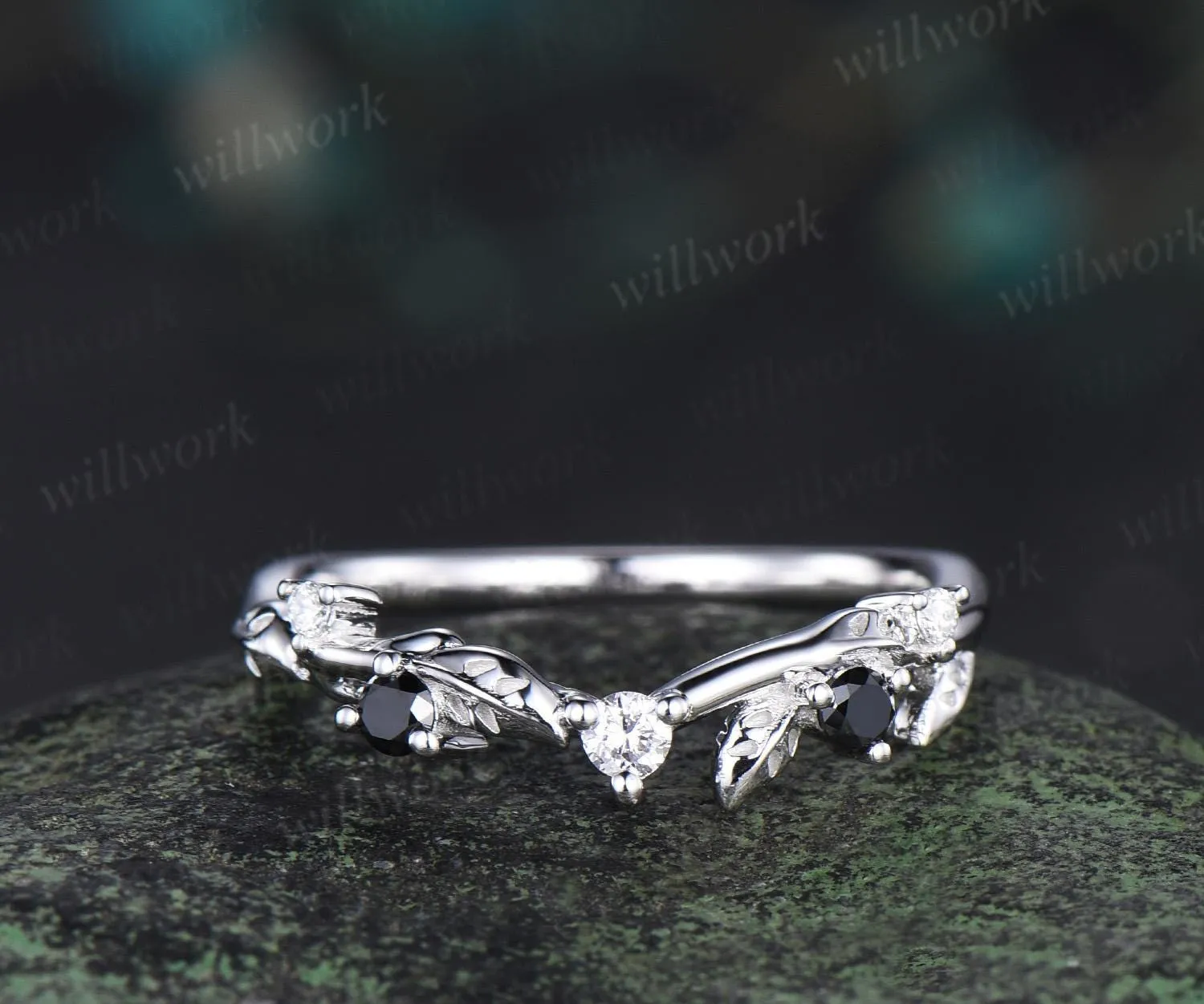 Leaf moissanite wedding band women solid 14k white gold five stone black spinel wedding ring band vintage stacking bridal ring gift sold by Willwork Jewelry