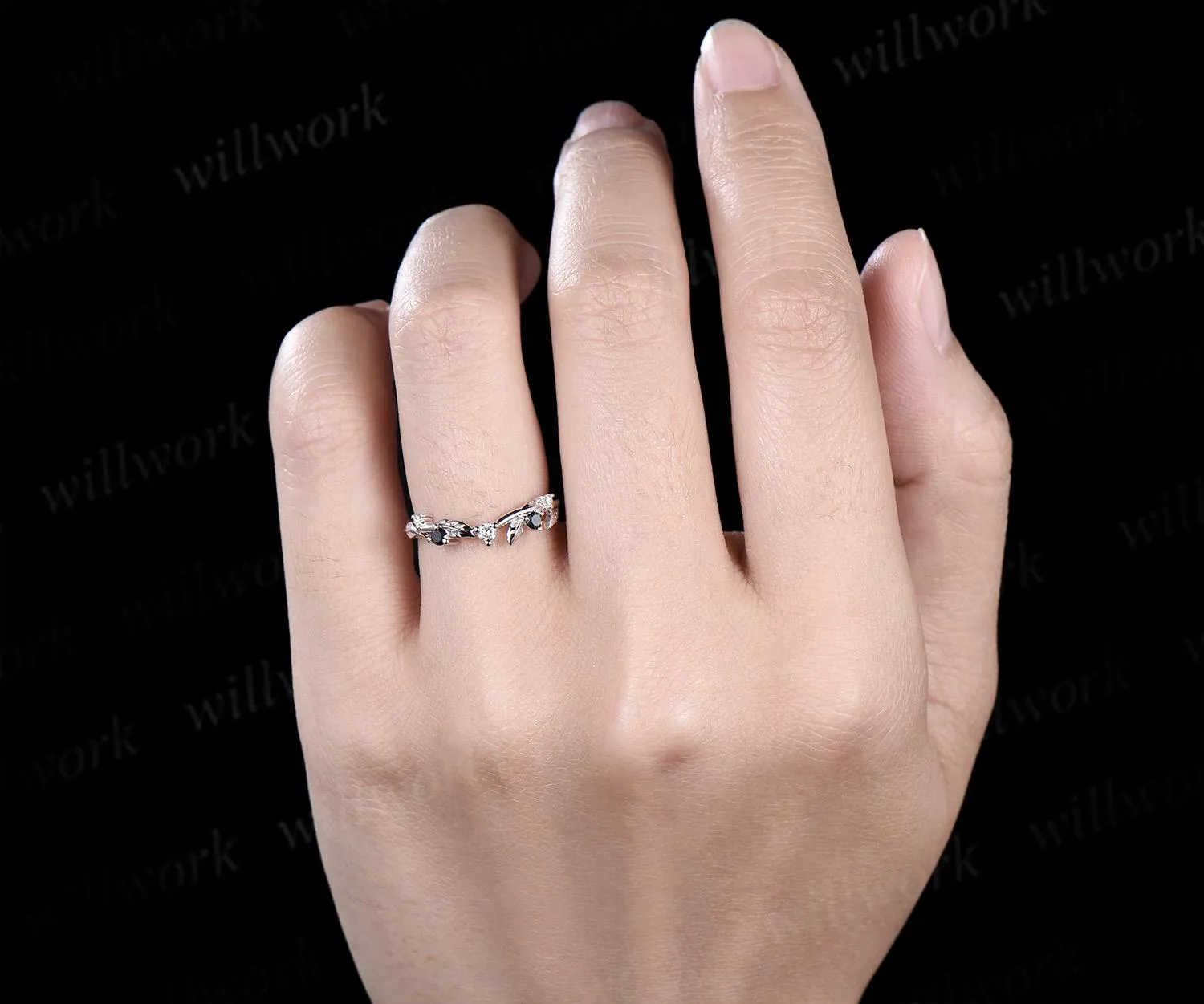 Leaf moissanite wedding band women solid 14k white gold five stone black spinel wedding ring band vintage stacking bridal ring gift sold by Willwork Jewelry product image thumbnail 3