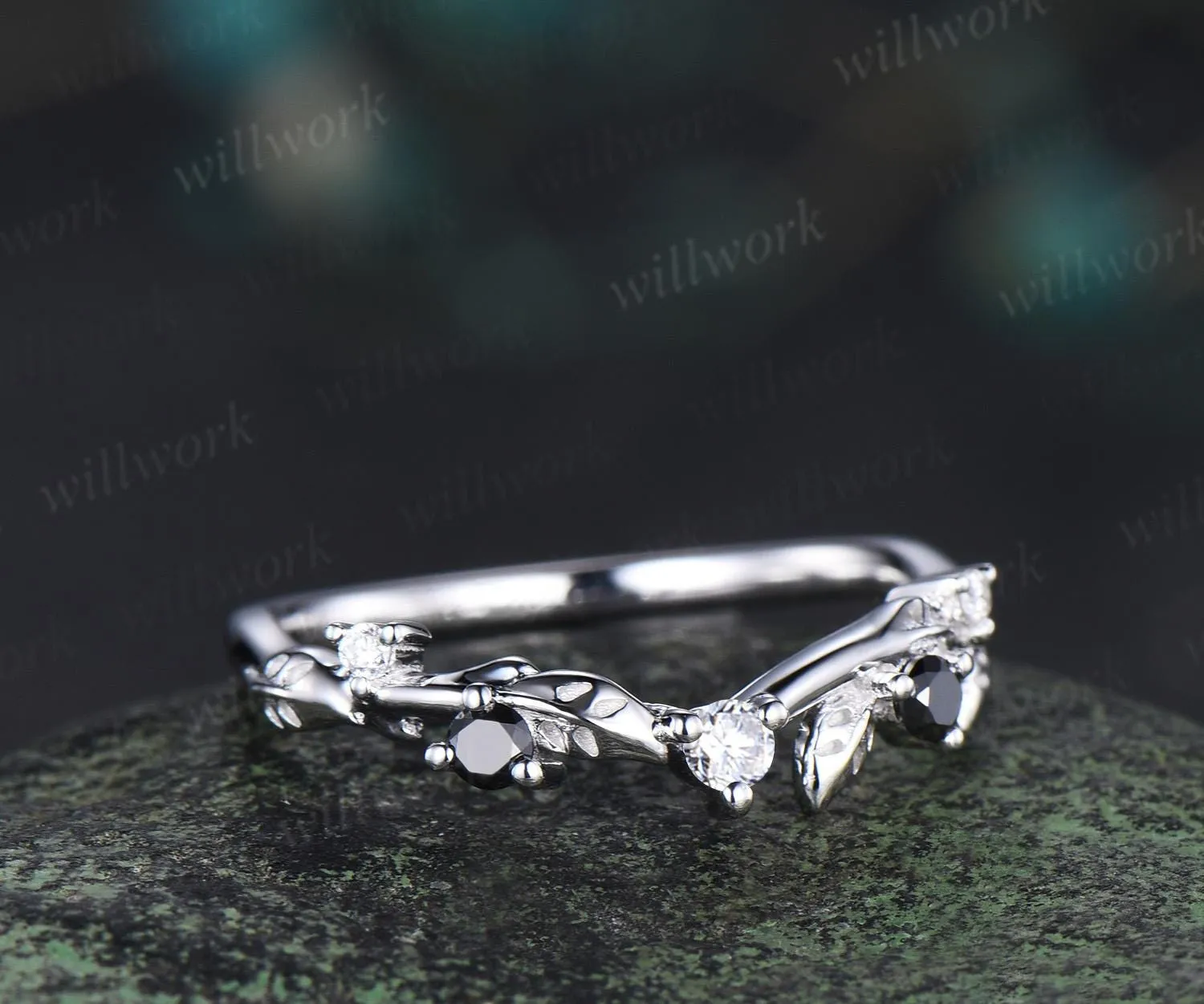 Leaf moissanite wedding band women solid 14k white gold five stone black spinel wedding ring band vintage stacking bridal ring gift sold by Willwork Jewelry product image thumbnail 2
