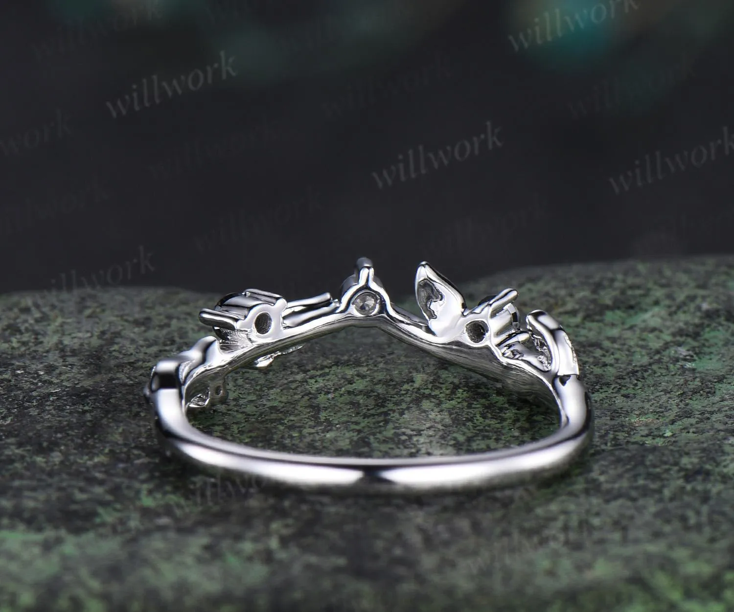 Leaf moissanite wedding band women solid 14k white gold five stone black spinel wedding ring band vintage stacking bridal ring gift sold by Willwork Jewelry product image thumbnail 4