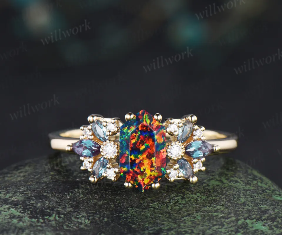 Unique hexagon cut black fire opal engagement ring milgrain moissanite marquise alexandrite cluster ring wedding bridal gifts sold by Willwork Jewelry