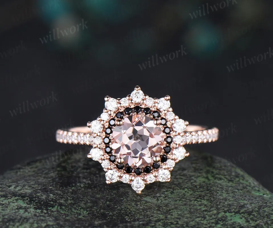 1ct round cut morganite ring vintage unique double halo engagement ring women snowdrift black spinel moissanite promise ring her sold by Willwork Jewelry