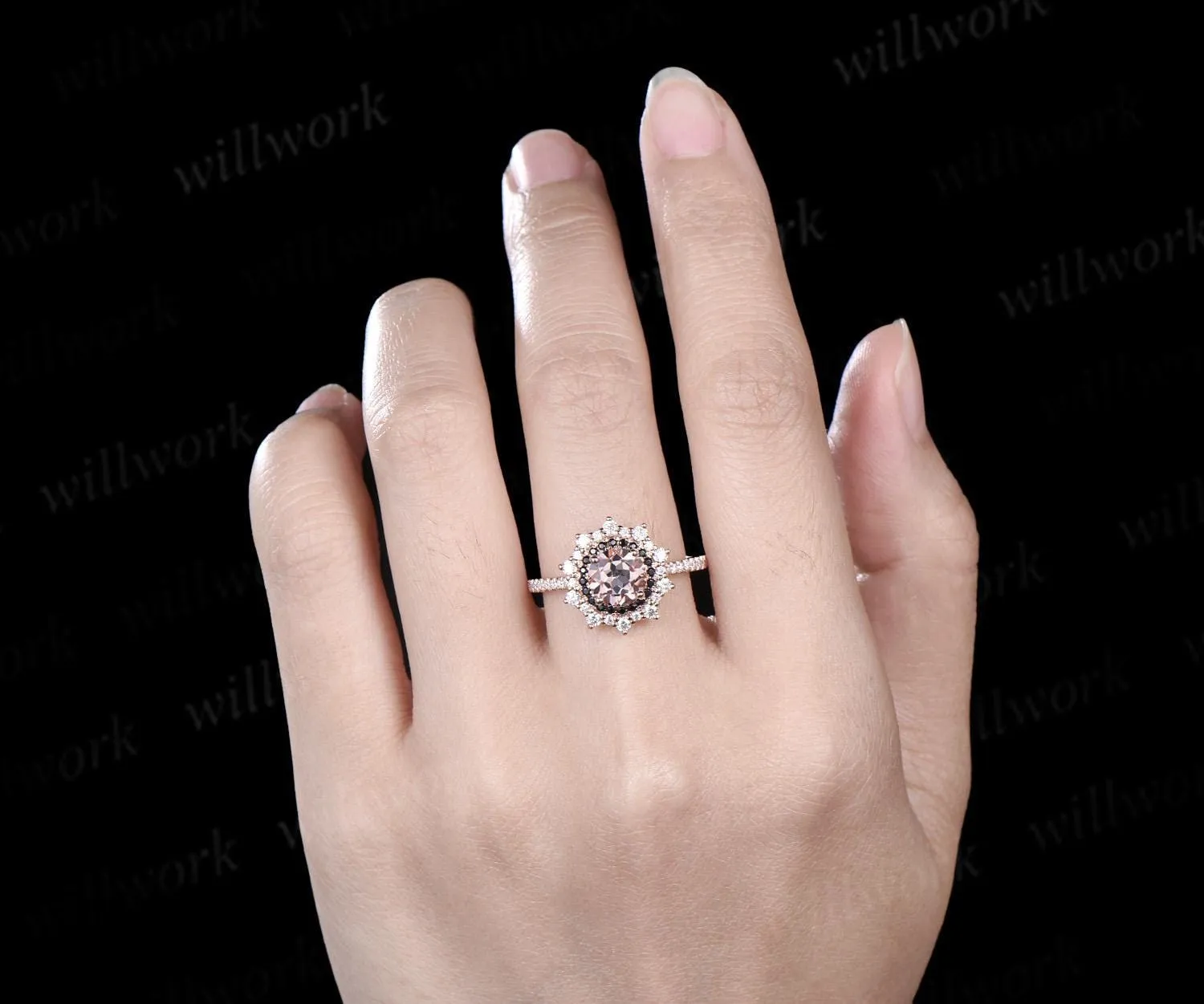 1ct round cut morganite ring vintage unique double halo engagement ring women snowdrift black spinel moissanite promise ring her sold by Willwork Jewelry product image thumbnail 3
