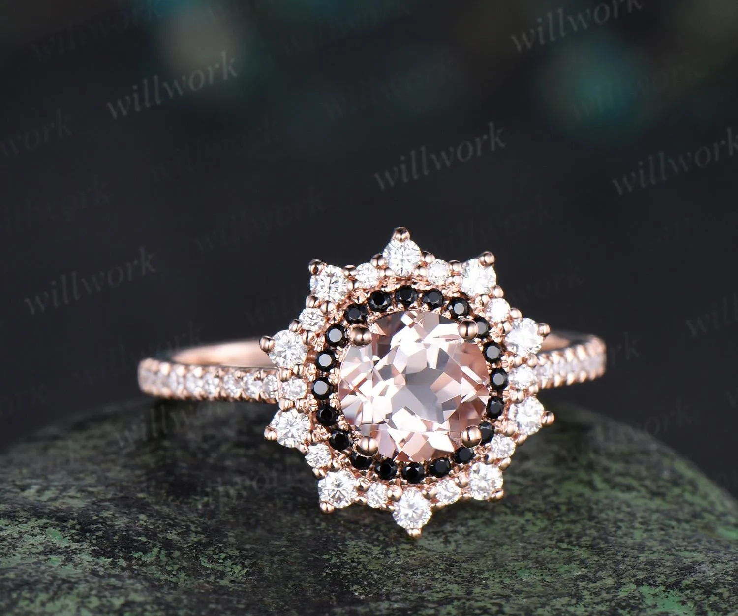 1ct round cut morganite ring vintage unique double halo engagement ring women snowdrift black spinel moissanite promise ring her sold by Willwork Jewelry product image thumbnail 2
