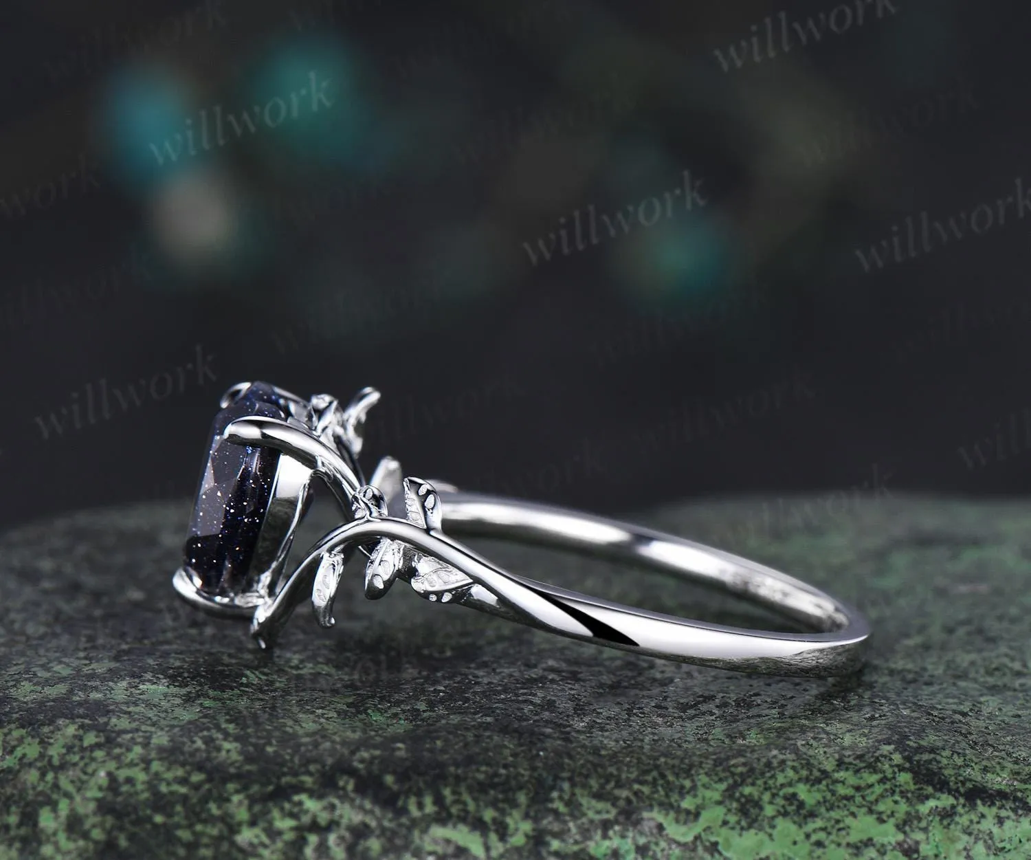 8mm heart shaped blue sandstone ring vintage Nature inspired solitaire leaf engagement ring white gold branch wedding ring women silver sold by Willwork Jewelry product image thumbnail 4