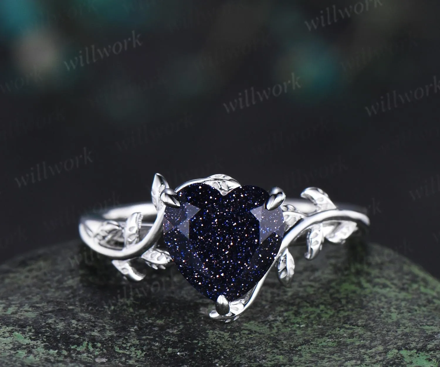 8mm heart shaped blue sandstone ring vintage Nature inspired solitaire leaf engagement ring white gold branch wedding ring women silver sold by Willwork Jewelry