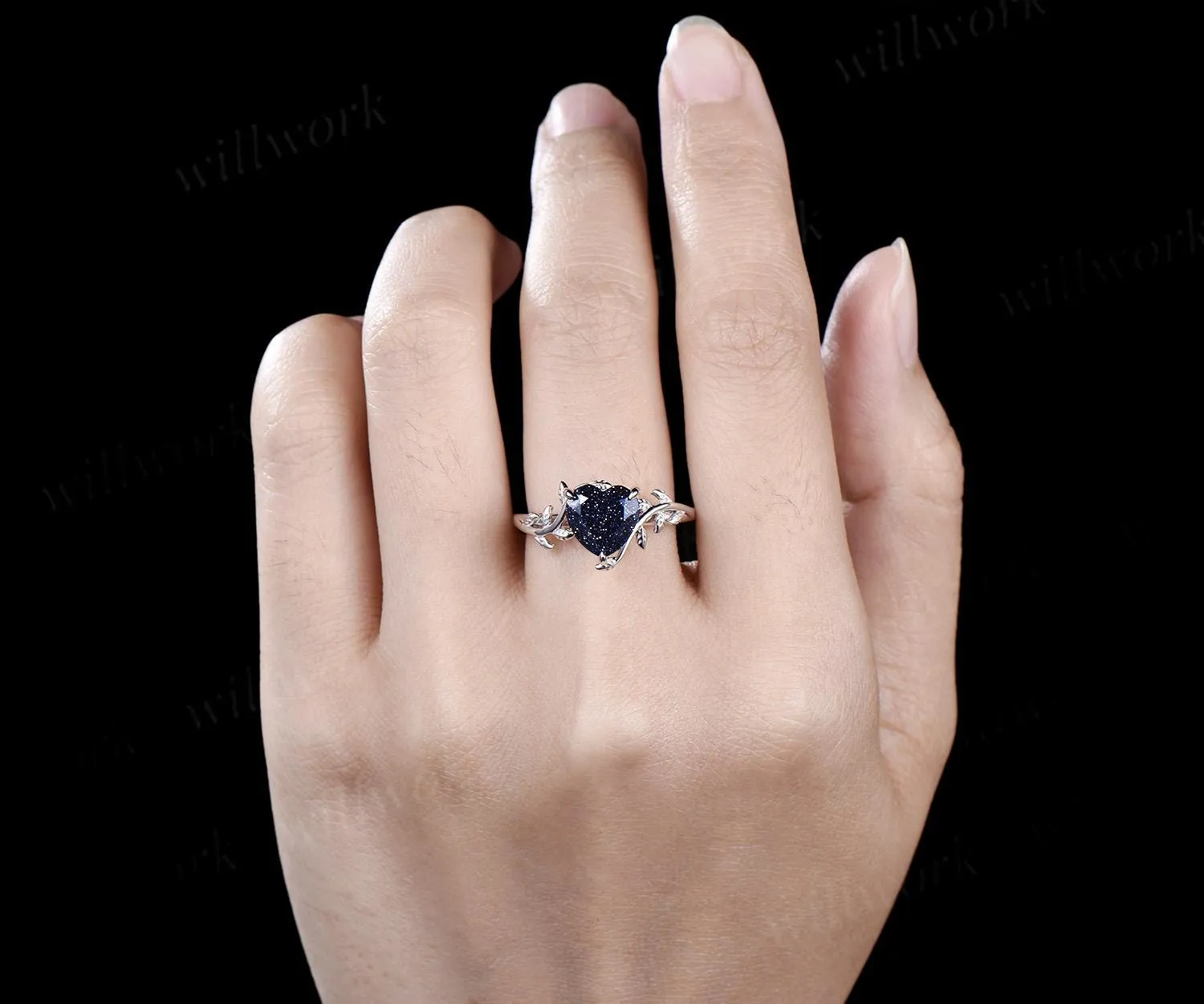 8mm heart shaped blue sandstone ring vintage Nature inspired solitaire leaf engagement ring white gold branch wedding ring women silver sold by Willwork Jewelry product image thumbnail 3